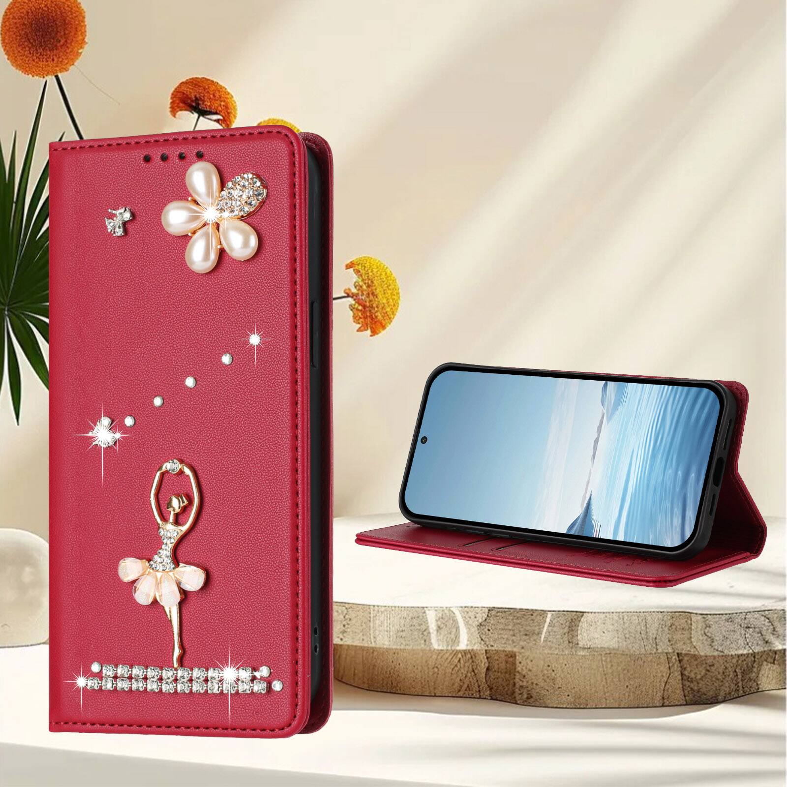 Alt View 1. Dteck - 3D Bling Ballerina Wallet Case for Samsung Galaxy S26+, RFID Blocking PU Leather Flip Cover with Card Slots - Red.