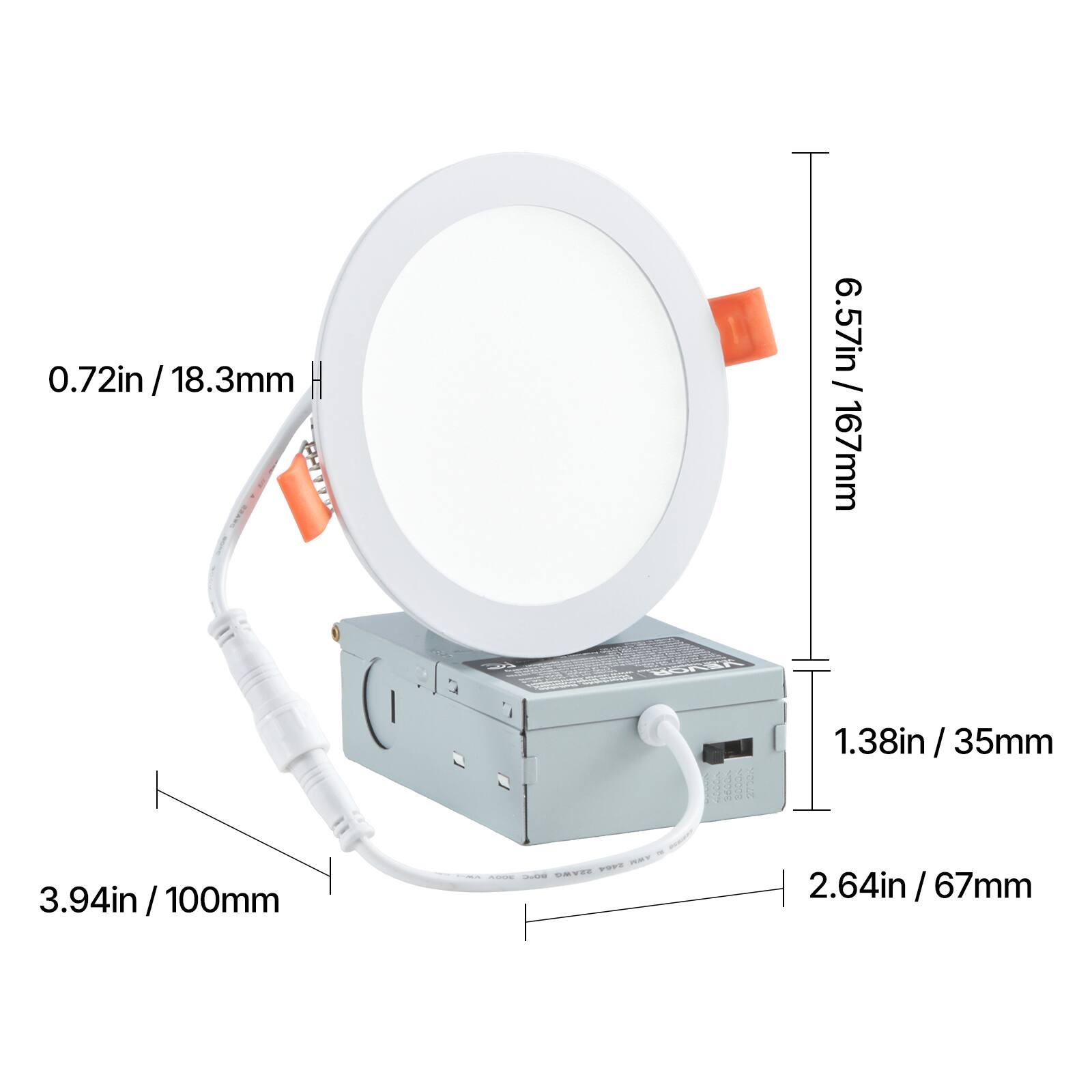 0.72in / 18.3mm  
H 6.57in / 167mm  
1.38in / 35mm  
3.94in / 100mm  
2.64in / 67mm