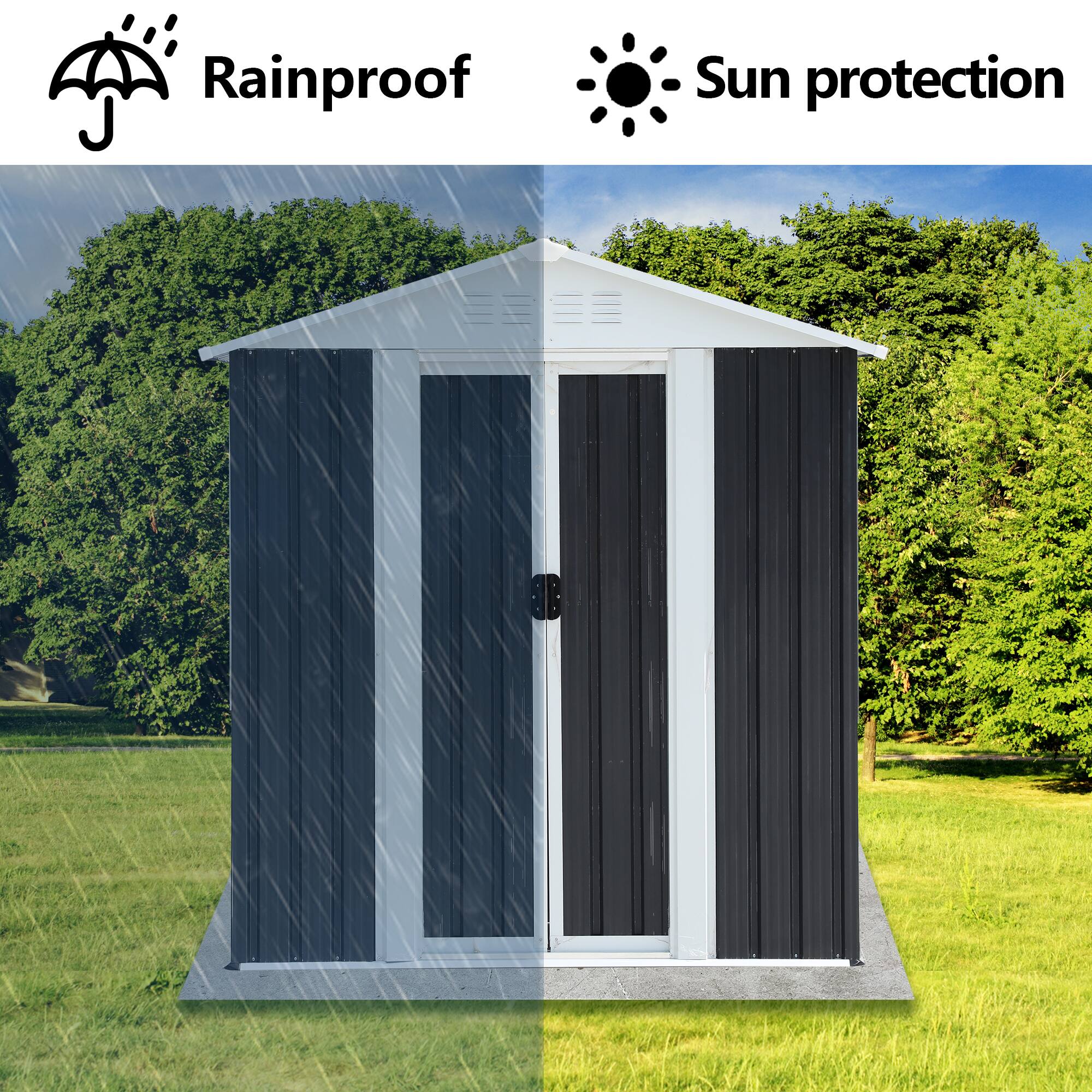 Left. TinyHomie - 5 x 3FT Grey Sliding Door Garden Shed for Outdoors Storage Apex Roof Design.