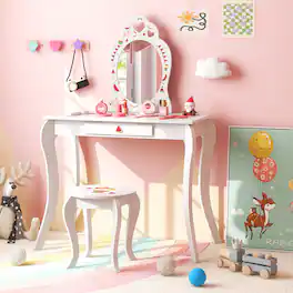 Gymax - Kid Vanity Table Stool Set Storage Drawer Watermelon Patterns Play Makeup Set - White