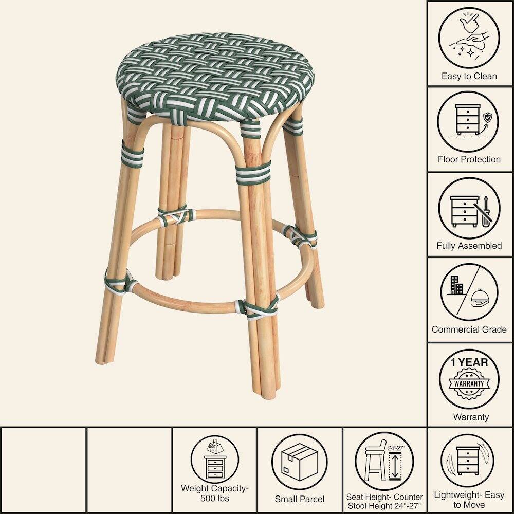 Easy to Clean  
Floor Protection  
Fully Assembled  
Commercial Grade  
1 YEAR WARRANTY  
Weight Capacity- 500 lbs  
Small Parcel  
Seat Height- Counter Stool Height 24"-27"  
Lightweight- Easy to Move