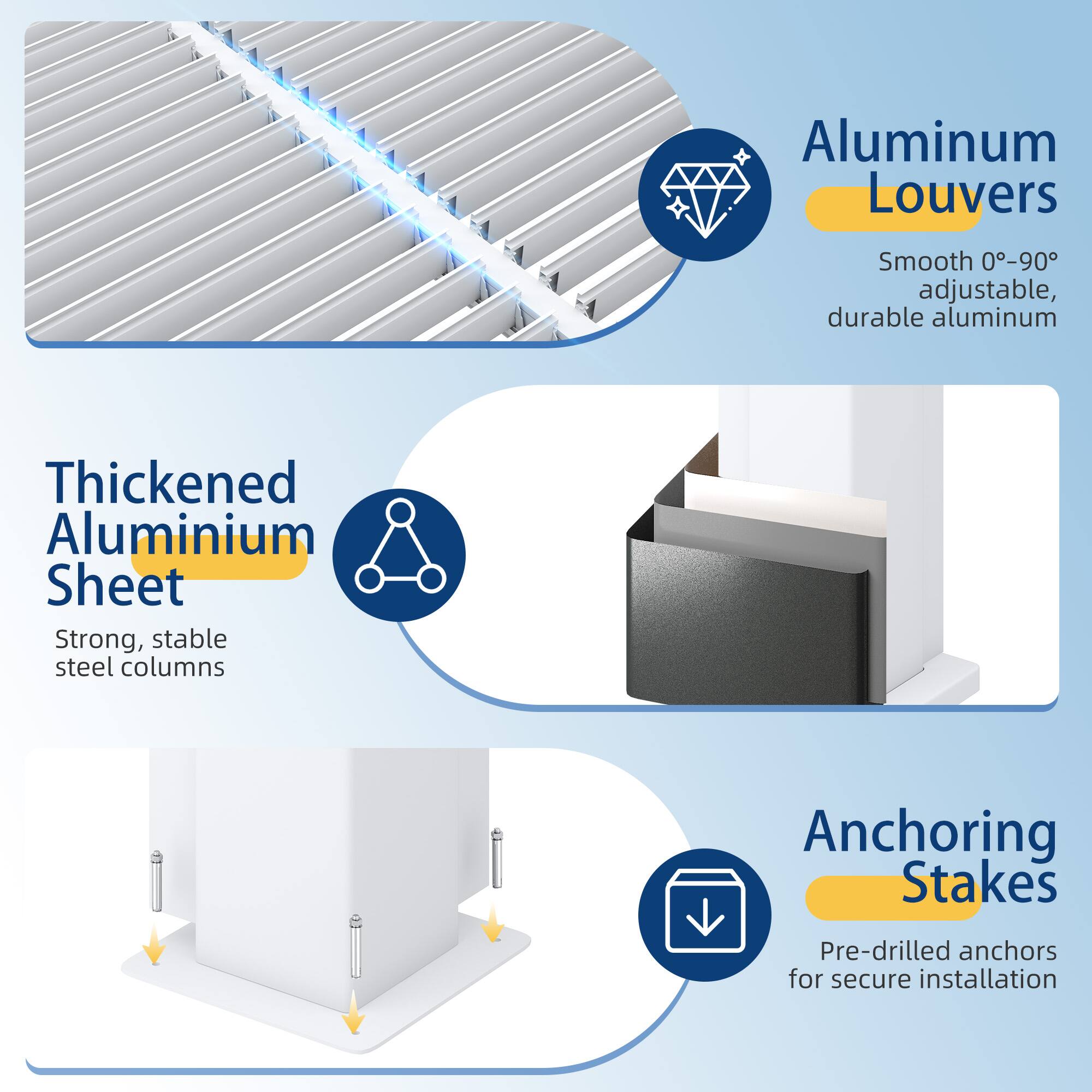 Aluminum Louvers: Smooth 0°-90° adjustable, durable aluminum

Thickened Aluminium Sheet: Strong, stable steel columns

Anchoring Stakes: Pre-drilled anchors for secure installation