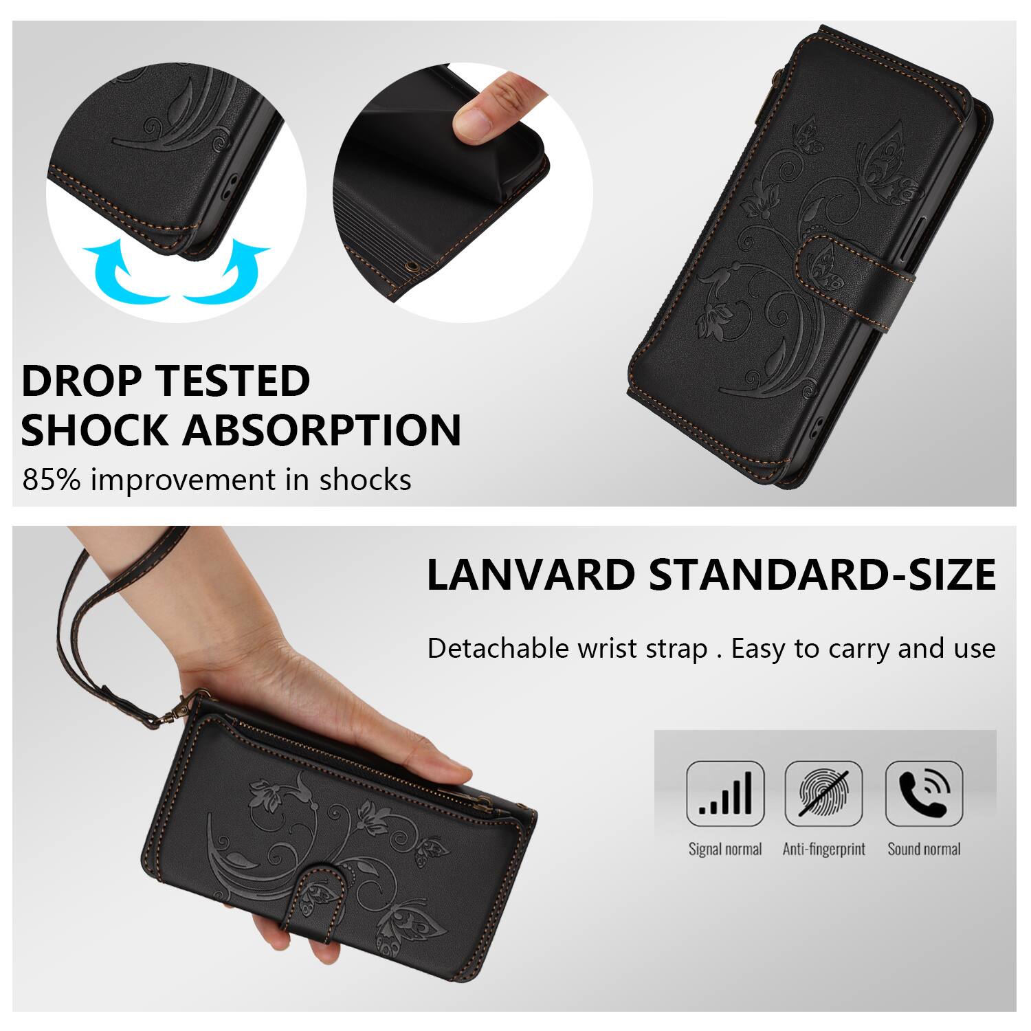 DROP TESTED SHOCK ABSORPTION  
85% improvement in shocks  

LANVARD STANDARD-SIZE  
Detachable wrist strap . Easy to carry and use  

Signal normal  
Anti-fingerprint  
Sound normal