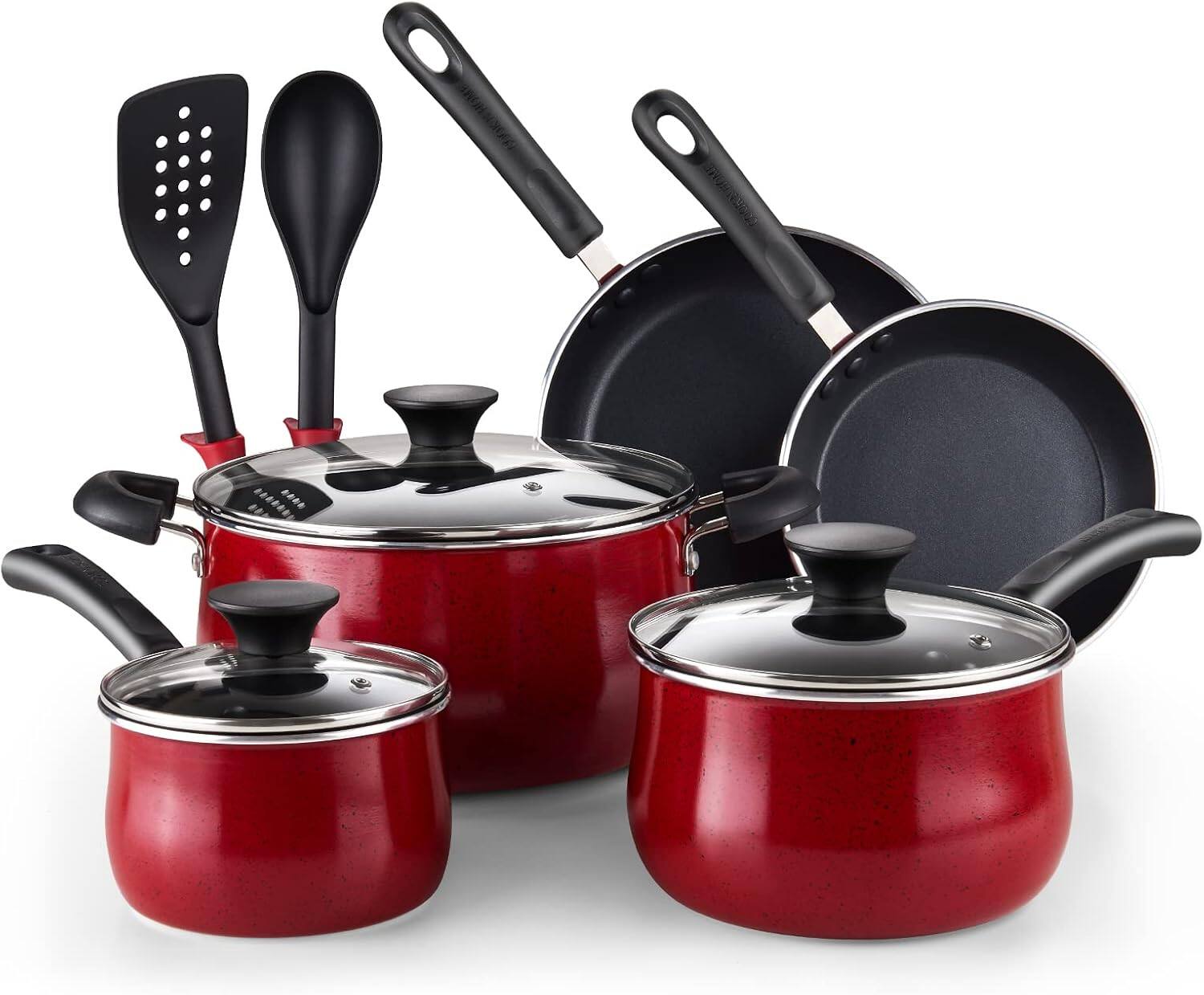 Front. Cook N Home - Cook N Home 02733 Nonstick Cookware Belly Shape 10-pc Marble Red - RED.