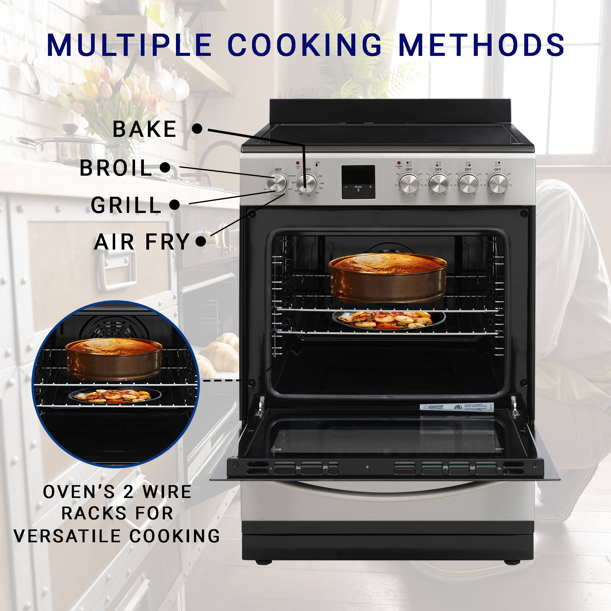 MULTIPLE COOKING METHODS

- BAKE
- BROIL
- GRILL
- AIR FRY

OVEN'S 2 WIRE RACKS FOR VERSATILE COOKING
