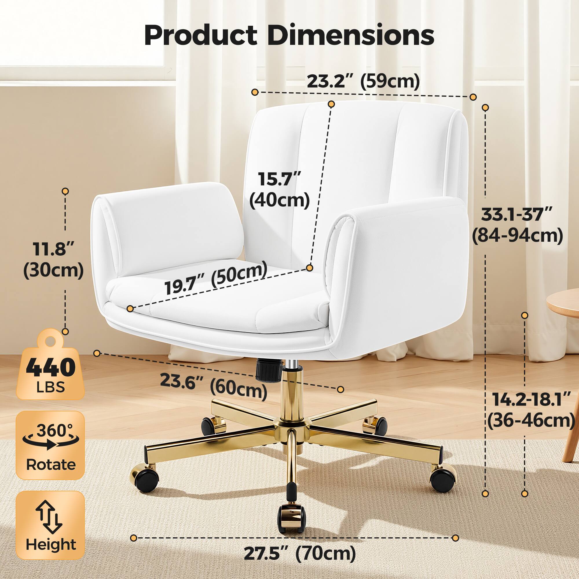 Product Dimensions:  
- 23.2" (59cm)  
- 11.8" (30cm)  
- 15.7" (40cm)  
- 19.7" (50cm)  
- 33.1-37" (84-94cm)  
- 440 LBS  
- 360° Rotate  
- 23.6" (60cm)  
- 14.2-18.1" (36-46cm)  
- Height: 27.5" (70cm)