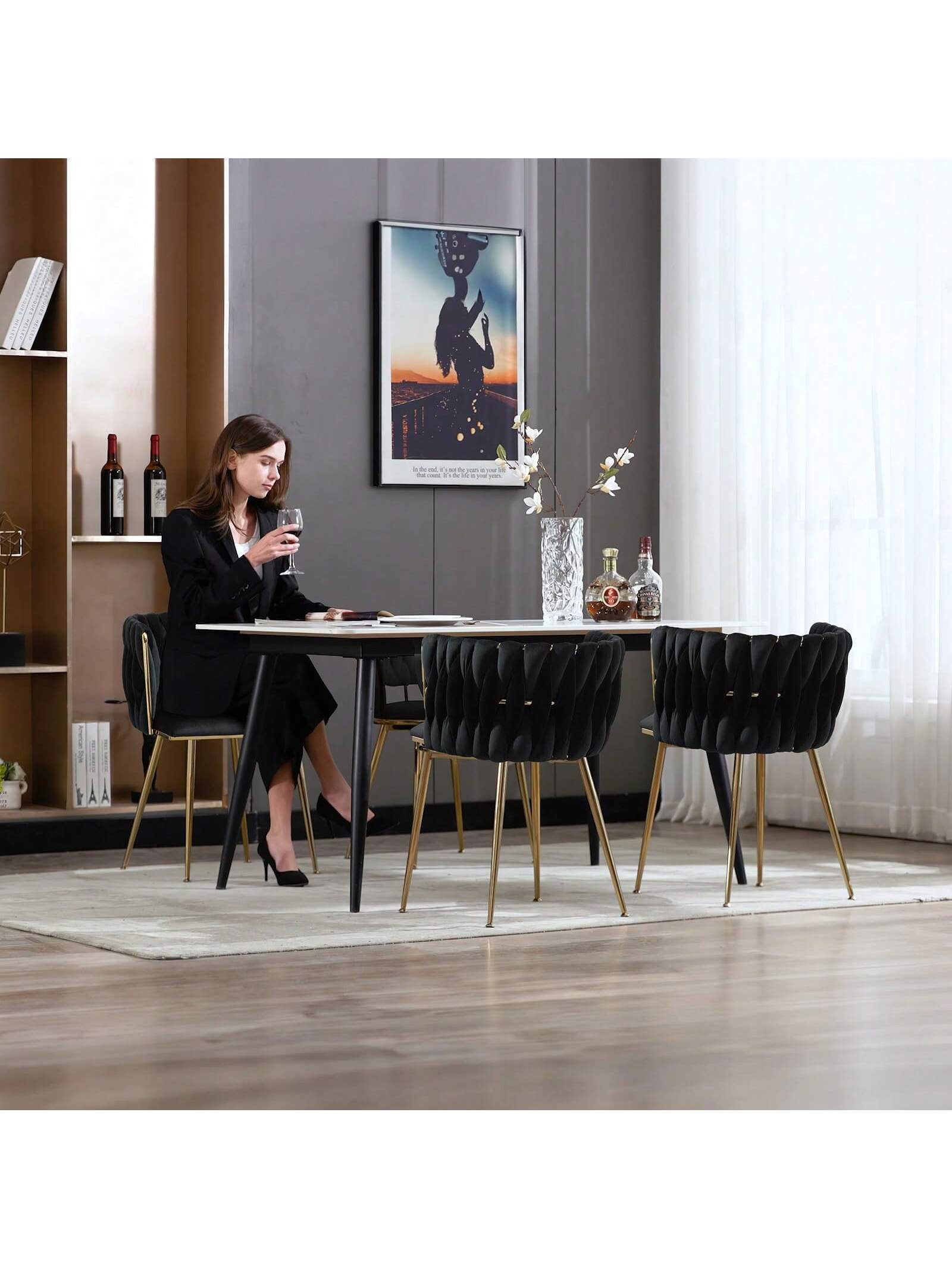 Angle. Trinkets Crazed - Upholstered Velvet Dining Chairs Set Of 6, Modern Living Room Chair,  Mid-Century Accent Side Chair - Black.