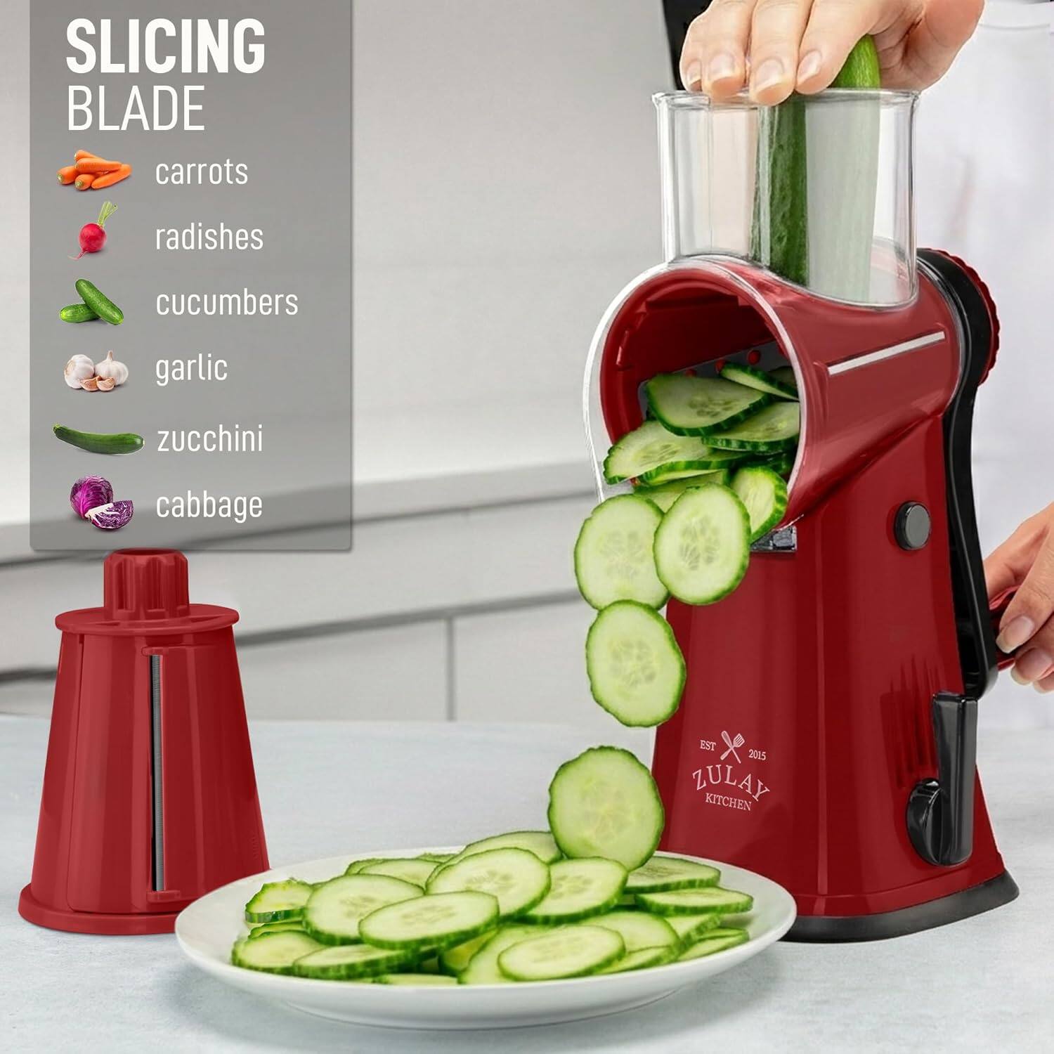 SLICING BLADE  
carrots  
radishes  
cucumbers  
garlic  
zucchini  
cabbage  

EST 2015  
ZULAY KITCHEN