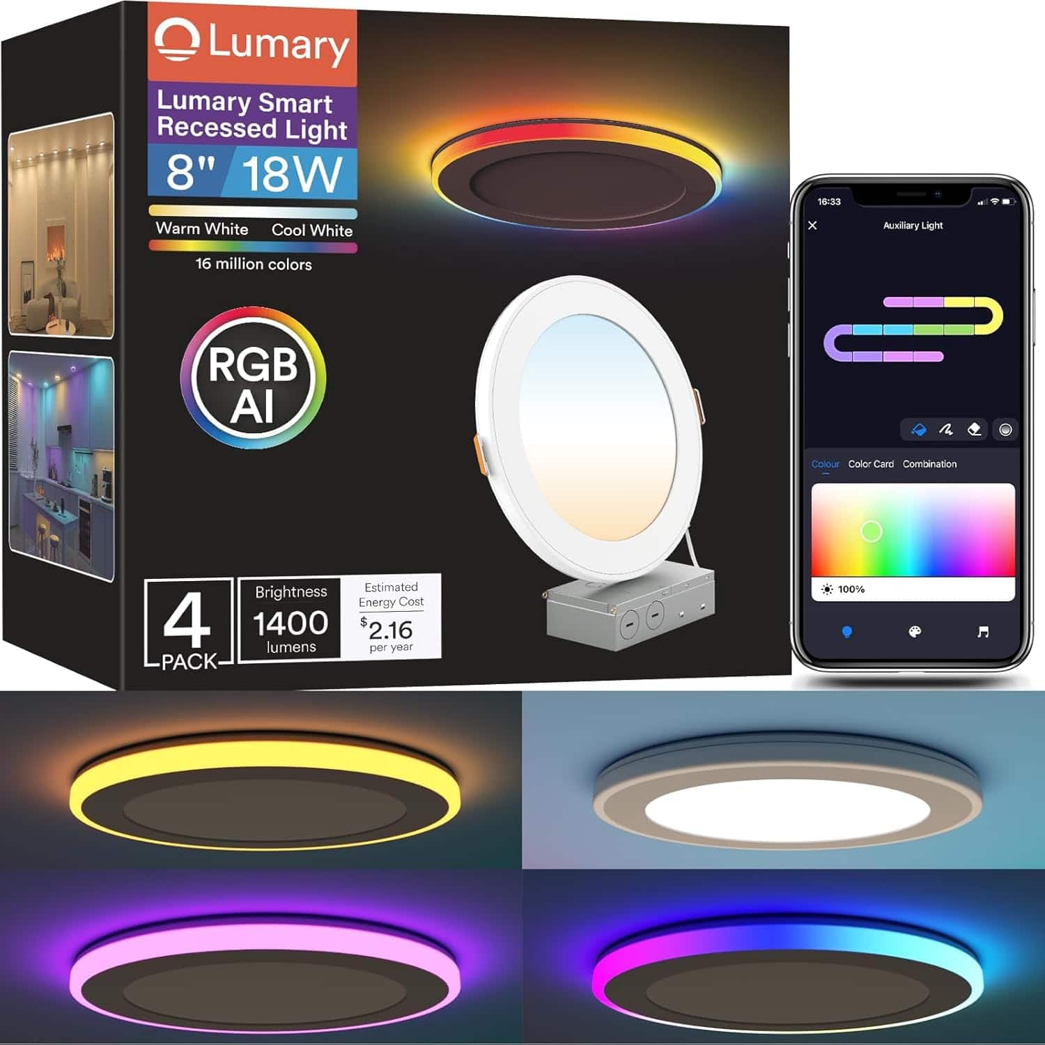 "Lumary - 8"" RGBAI Smart WiFi Recessed Lighting with Gradient Accent and Night Ring, Work with Alexa/Google Assistant/Siri 4PCS - White" price history on PriceWatchPro