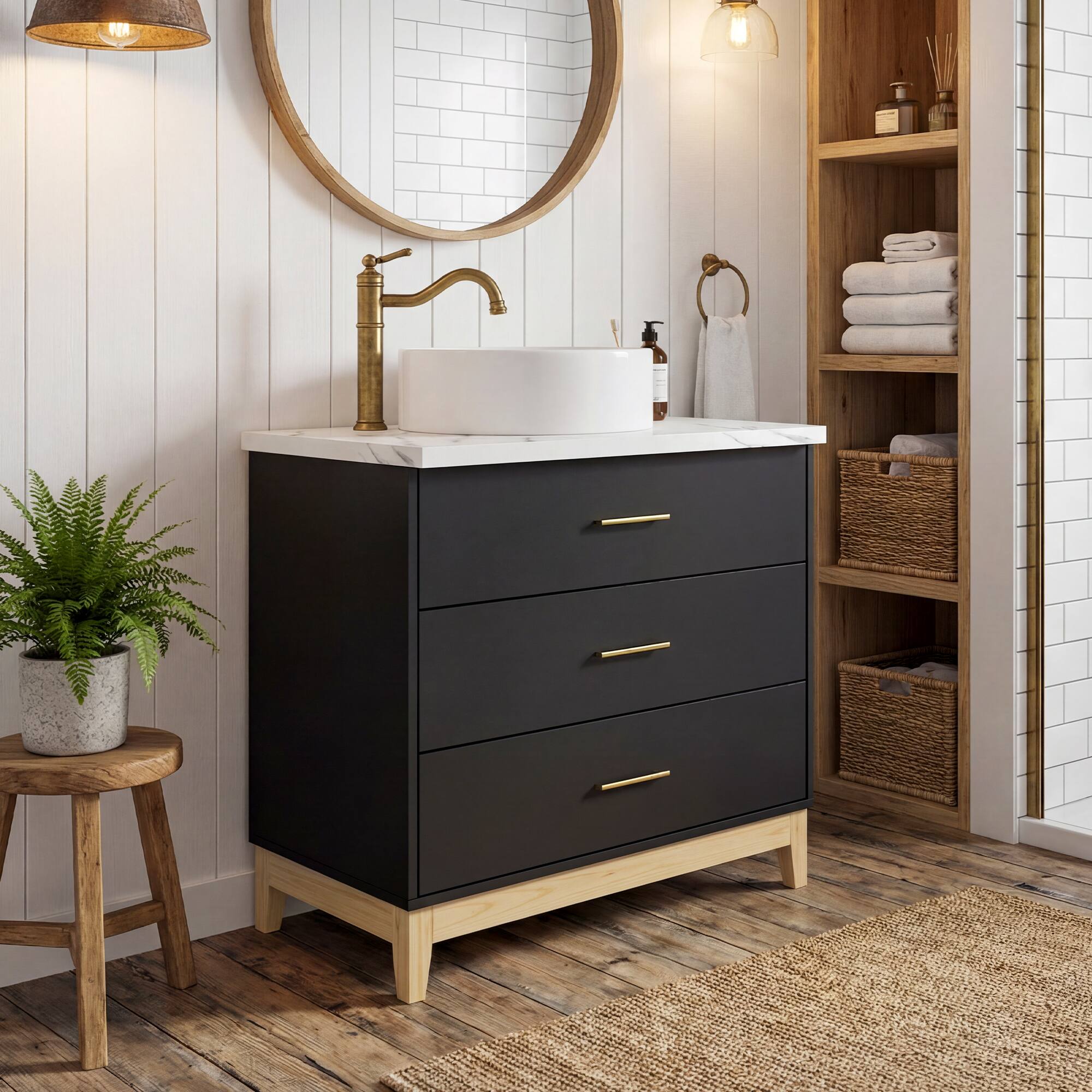Left. FUFU & GAGA - Bathroom Vanity with Round Ceramic Vessel Sink – 31.5" Faux Marble Top, 3 Drawers, Gold Handles for Modern Bathroom - Black.