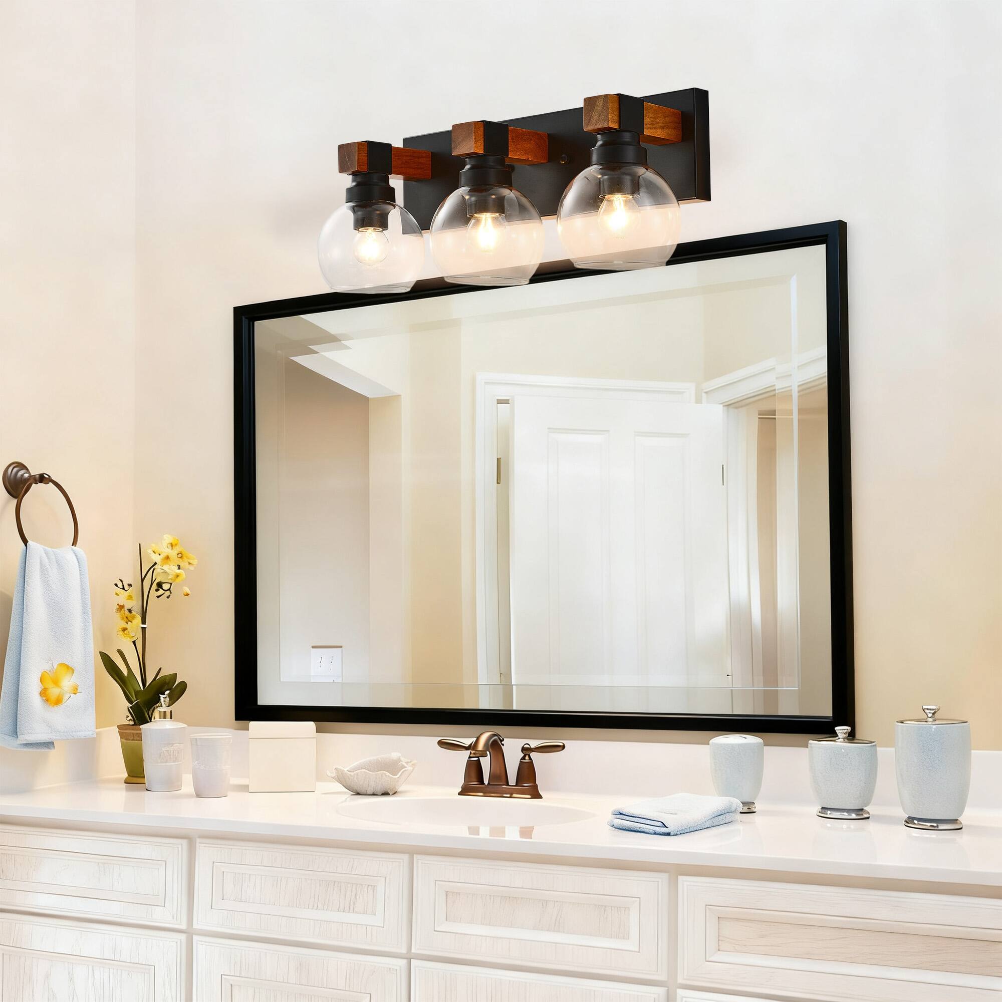 Alt View 2. RYHNUYNE - 3 Light Bathroom Vanity Light Fixtures, Black and Gold Wood Bathroom Light Fixtures Over Mirror, Farmhouse Wall Sconces - Black and Gold.