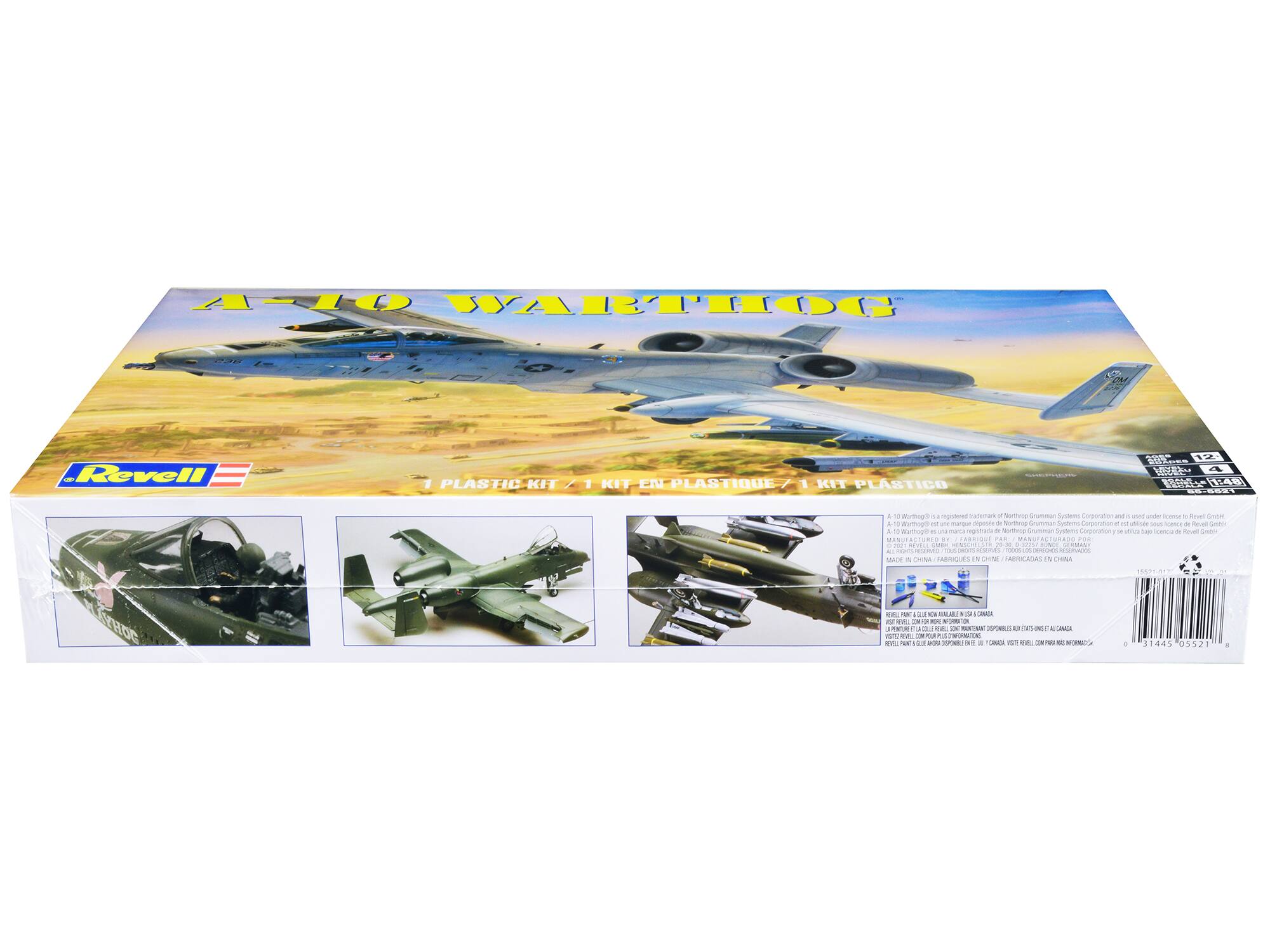 A-10 Warthog - Revell  
1 Plastic Kit / 1 Kit en Plastique / 1 Kit Plastico  

A-10 Warthog is a registered trademark of Northrop Grumman Systems Corporation and is used under license to Revell Germany GmbH.  
Made in China / Fabricado en China / Fabriqué en Chine  

Revell Plant 5, Nowotny, Canada  
Revell Plant 5, Nowotny, Canada  
Revell Plant 5, Nowotny, Canada  

0 31445 05521 1