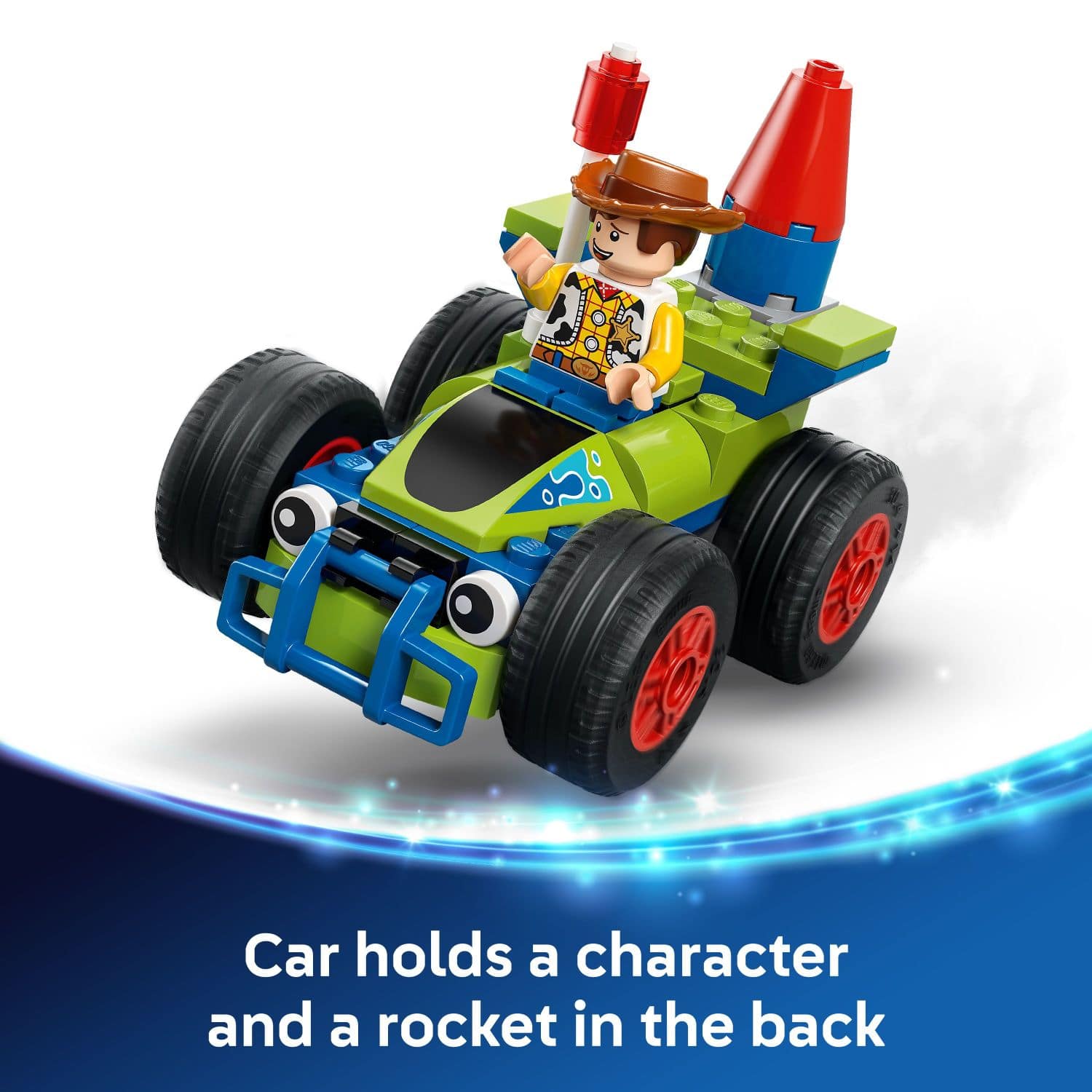 The text on the image reads: "Car holds a character and a rocket in the back."