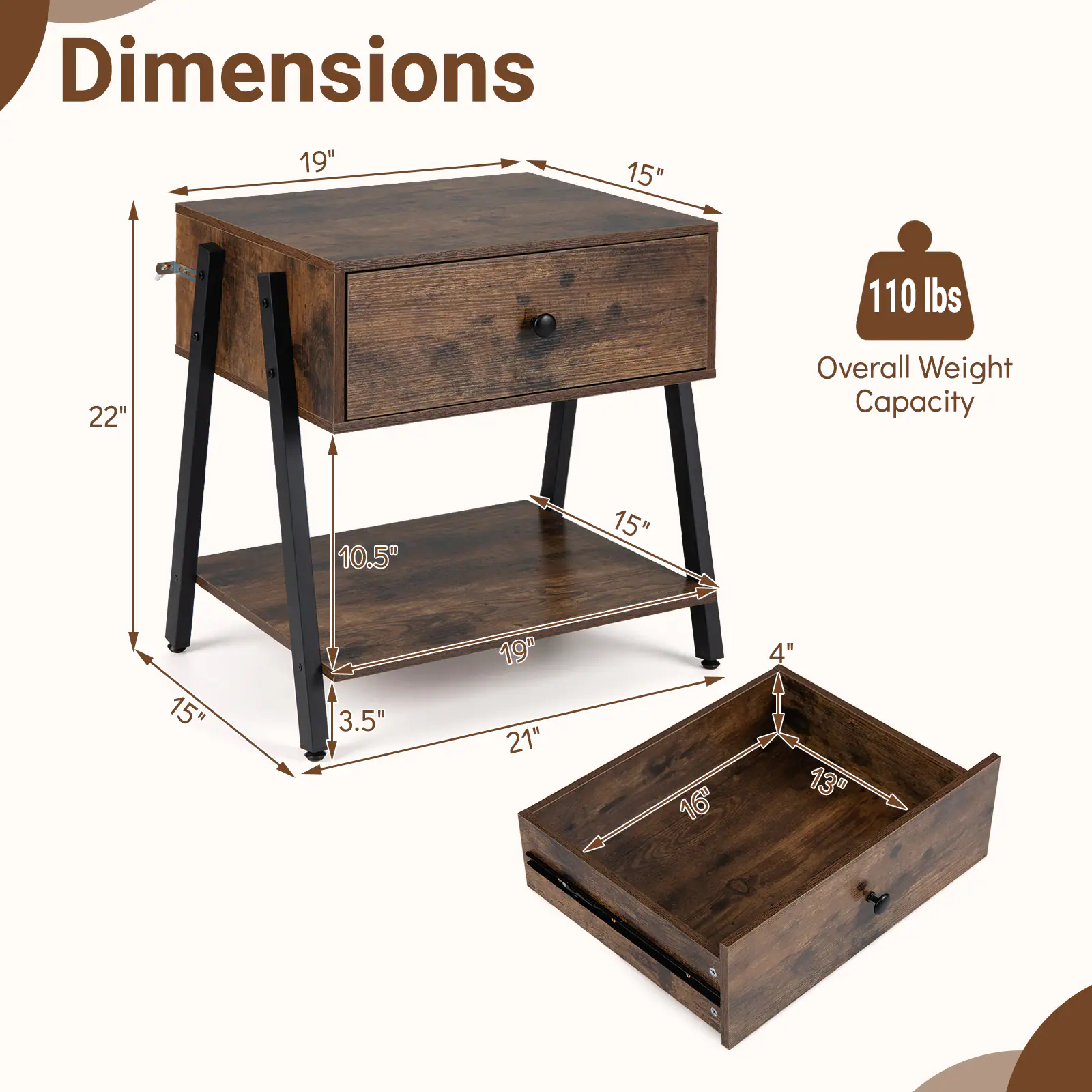 Dimensions:  
- 19" x 15"  
- 22"  
- 15"  
- 10.5"  
- 15"  
- 3.5"  
- 19" x 21"  
- 16"  
- 4" x 13"  

Overall Weight Capacity: 110 lbs