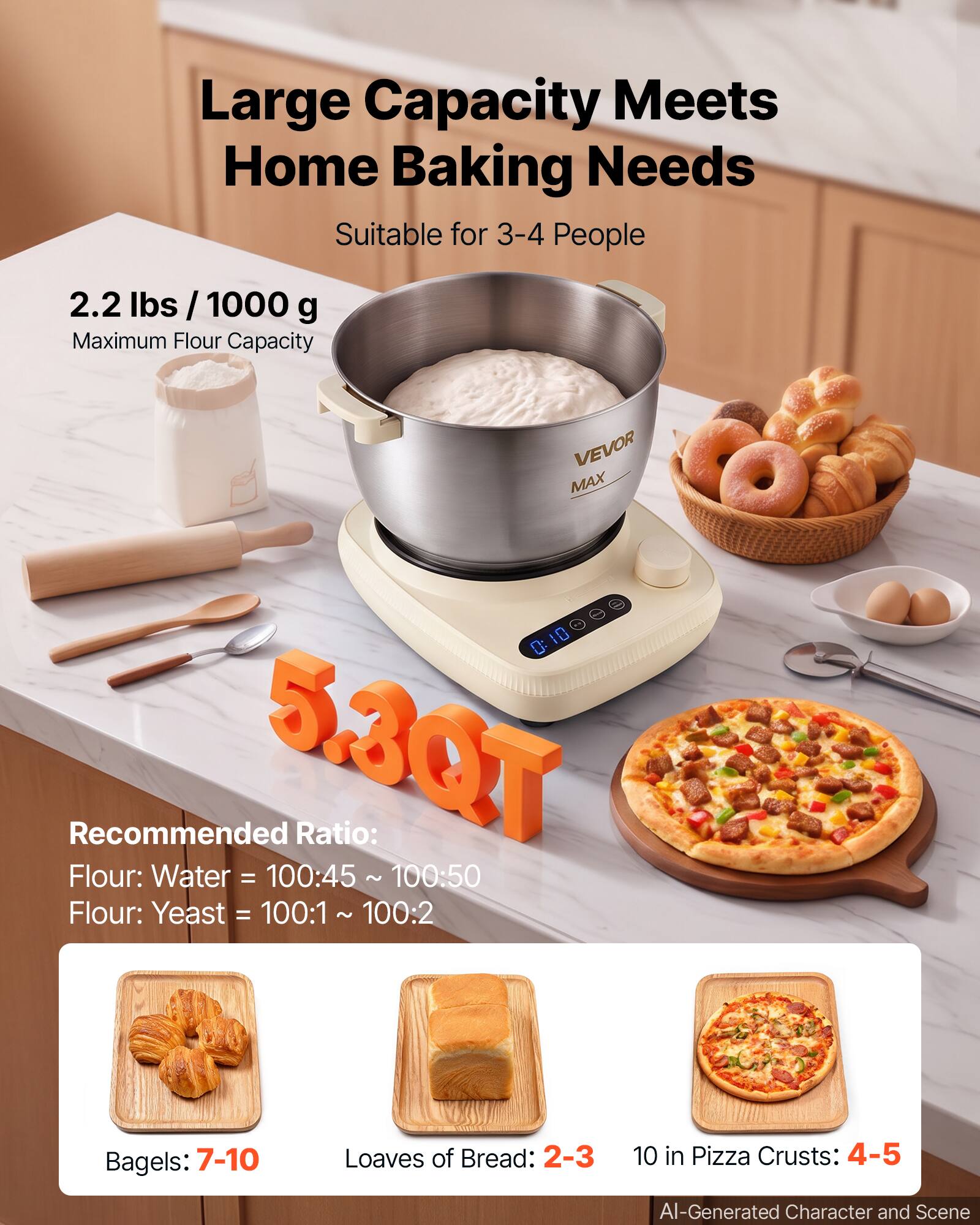 VEVOR Dough Mixer 5.3 Quart Electric Dough Maker with Ferment Function ...