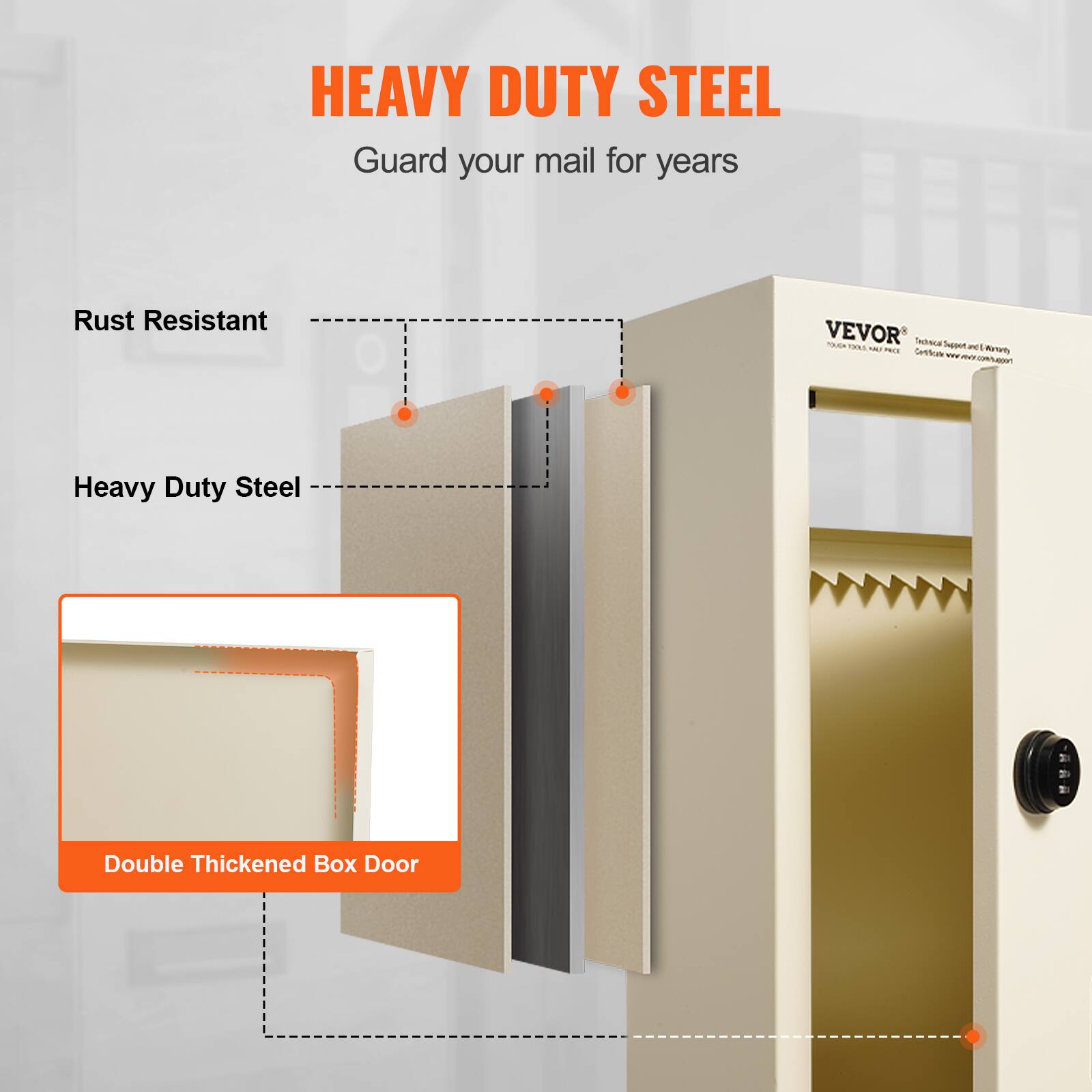 HEAVY DUTY STEEL  
Guard your mail for years  

Rust Resistant  
Heavy Duty Steel  
Double Thickened Box Door  

www.mor.comleo