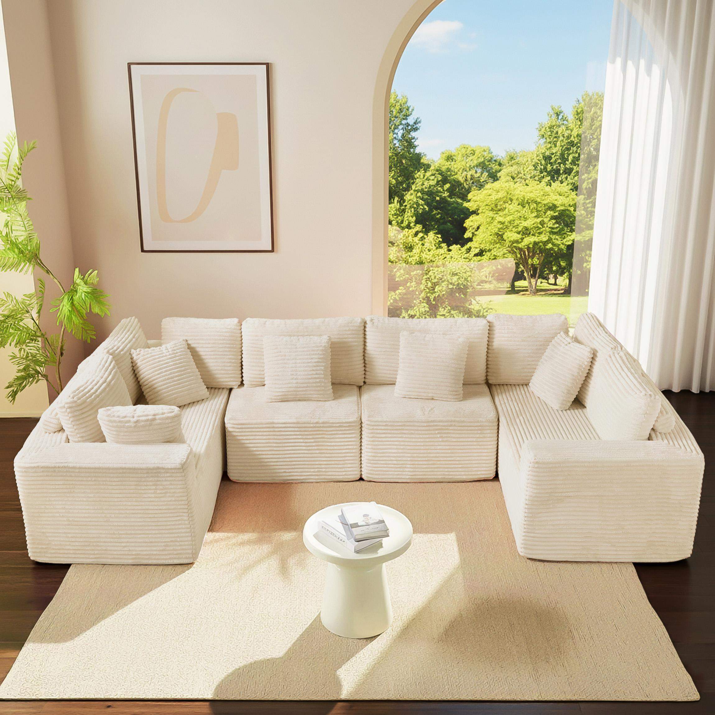 Back. Roomtec - 135.5 inch Beige Corduroy Modular Sectional Sofa 6Seater UShaped Couch with Reversible Chaise Lounge Freely - Beige.