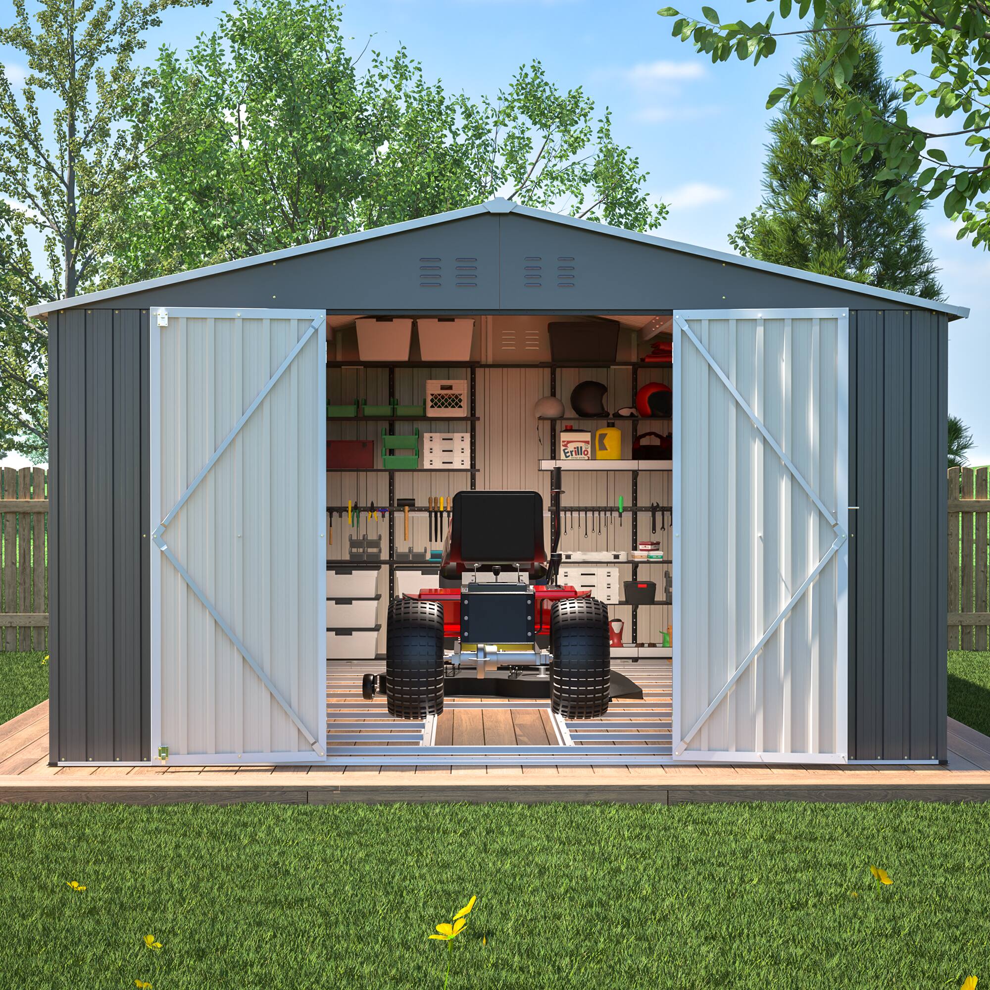 Left. Mondawe - 11x13 FT Metal Storage Shed with Reinforced Floor Frame, Lockable Doors & 4 Air Vents - Gray.