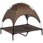 Front. Pawhut - Portable Dog Cot Pet Bed with UV Protection Canopy Shade - Coffee.
