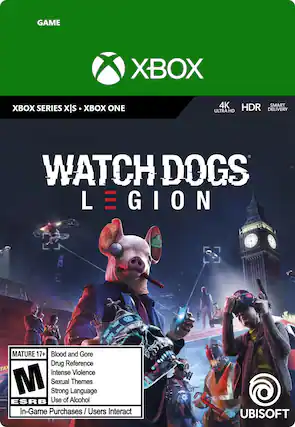 GAME XBOX ONE SERIES X/S WATCH DOGS: LEGION MATURE 17+ Blood and Gore Drug Reference Intense Violence Strong Sexual Language Themes ESRB Use of Alcohol In-Game Purchases Users Interact UBISOFT - M (Mature 17+)
