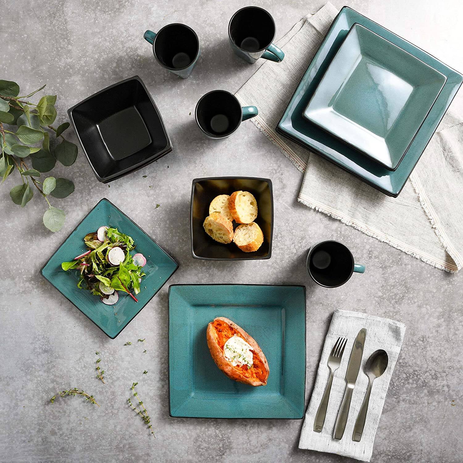 Alt View 4. Gibson - Gibson Elite Kiesling 16 Piece Plates, Bowls, & Mugs Dinnerware Set, Turquoise - Turquoise.