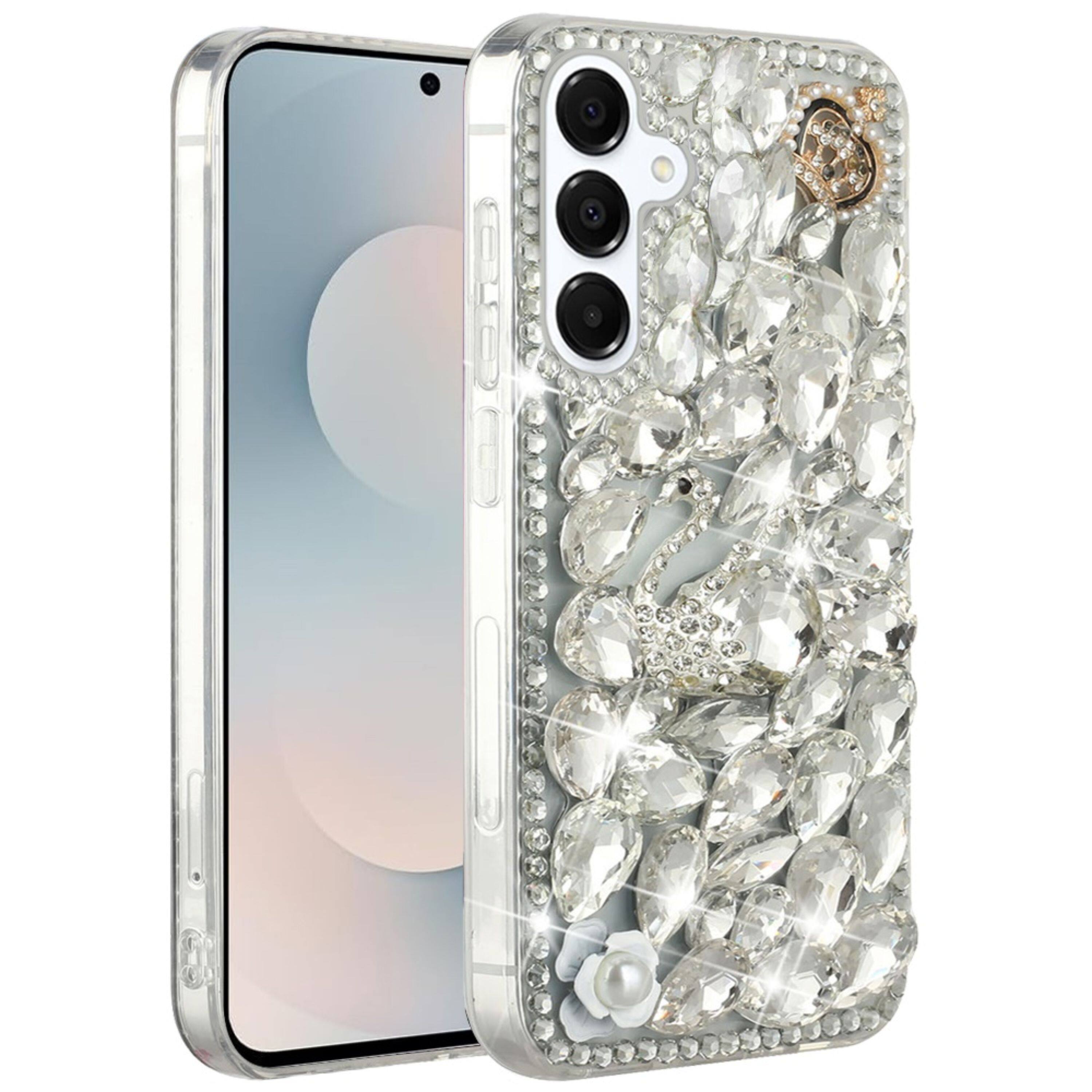 Left. Kitcheniva - Full Diamond Bling 3D Jewel Ornaments Plus Tempered Glass For Samsung S25 FE Silver Swan Crown Pearl - Multicolor.