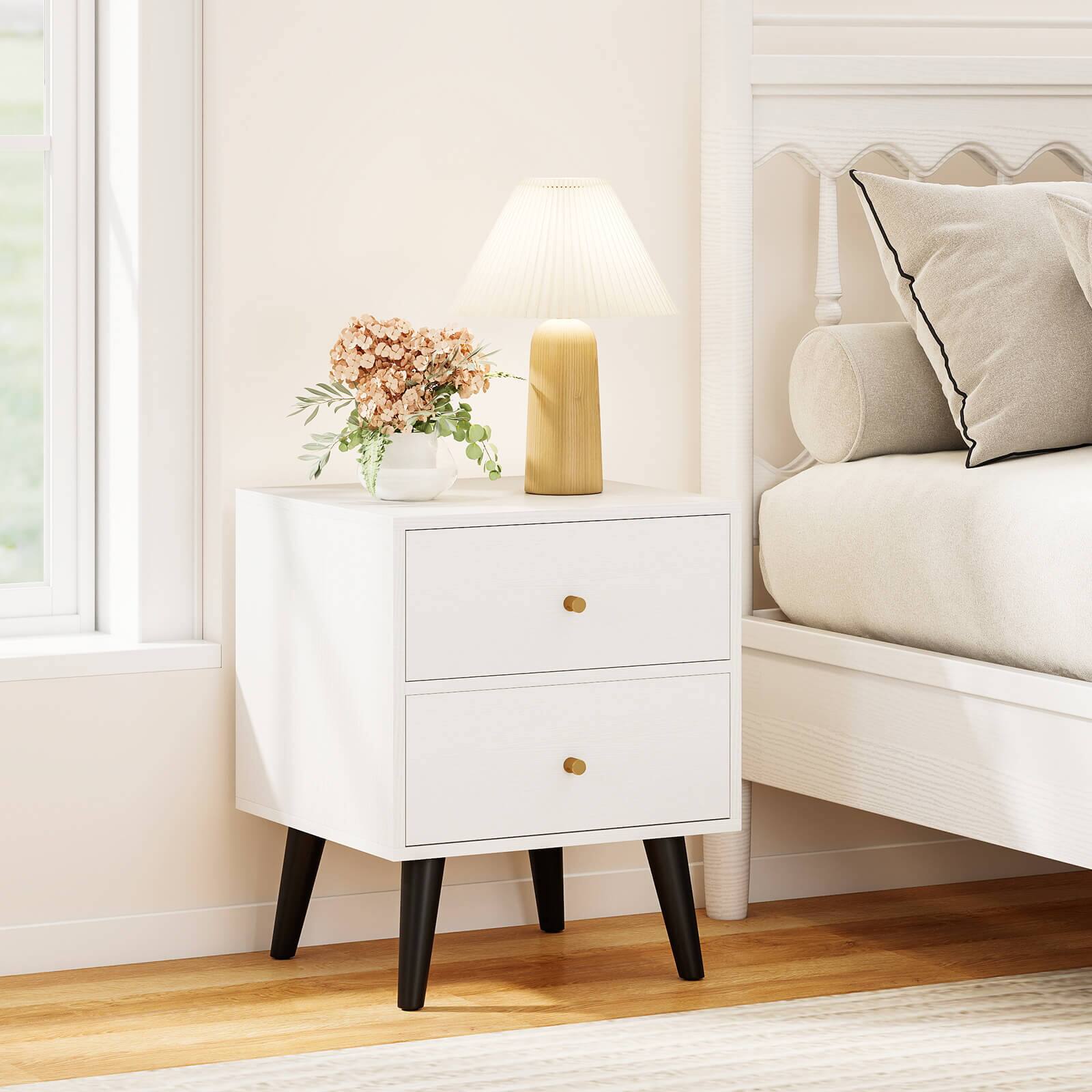 Alt View 4. Costway - Costway Nightstand with 2 Drawer with Storage, Small Accent Table with Golden Knobs - White,Black.