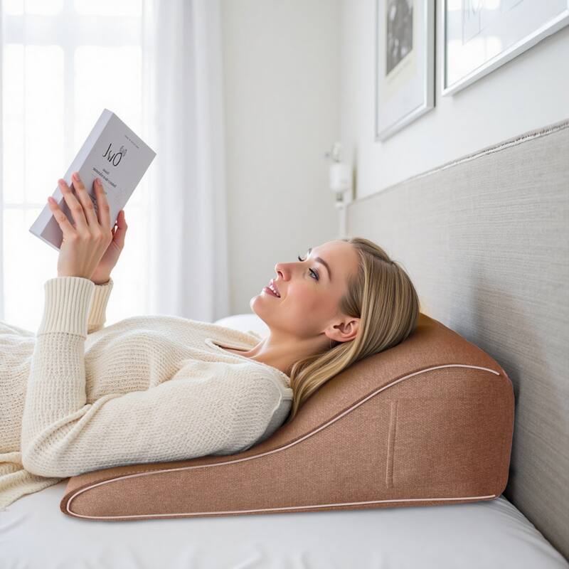 Front. wowmax - Adult Sit-Up Pillow - Reading & Relaxation Cushion w/Pocket - Linen Pink (20x9x22in) - Pink.