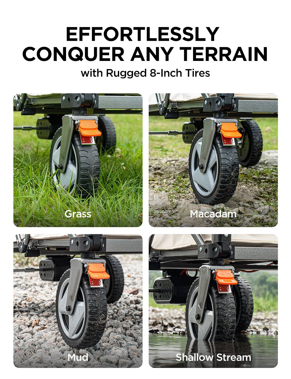 EFFORTLESSLY CONQUER ANY TERRAIN with Rugged 8-Inch Tires
Grass
Macadam
Mud
Shallow Stream