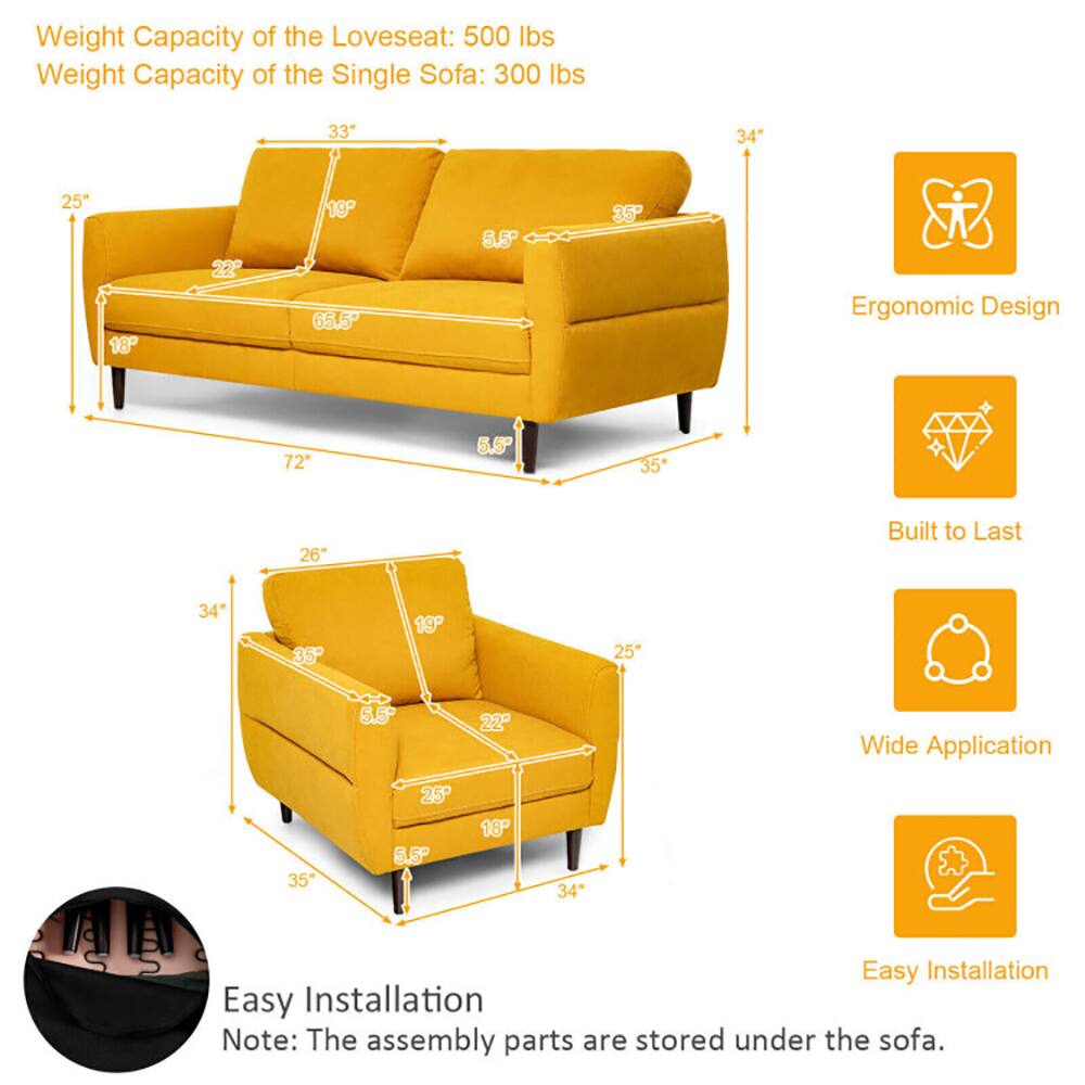 Weight Capacity of the Loveseat: 500 lbs  
Weight Capacity of the Single Sofa: 300 lbs  

33"  
25"  
18"  
22"  
65.5"  
5.5"  
35"  
72"  
34"  
35"  
19"  
25"  
5.5"  
22"  
35"  
25"  
5.5"  
18"  
34"  

Ergonomic Design  
Built to Last  
Wide Application  
Easy Installation  

Note: The assembly parts are stored under the sofa.