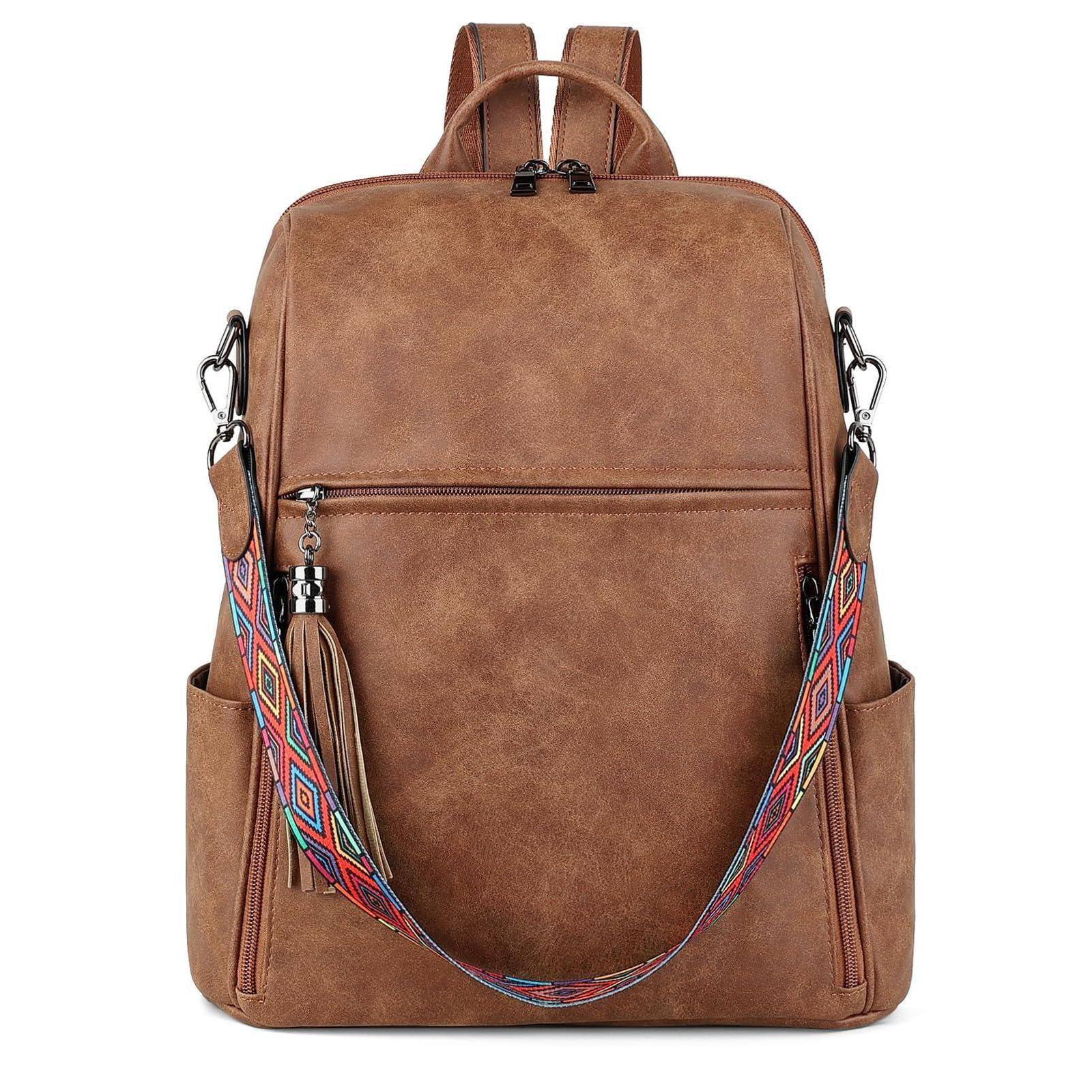 Front. Cozy Serene - Leather Backpack Purse For Women Designer Travel Purses Pu Fashion Ladies Shoulder Bag With Tassel - 1 Purse Brown-Medium (14-in Height).