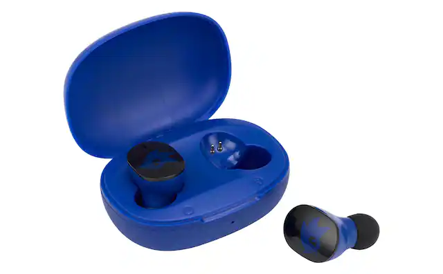 Front. eKids - eKids Sonic The Hedgehog Wireless Earbuds for Kids, Bluetooth Earbuds with Charging Case - Blue.