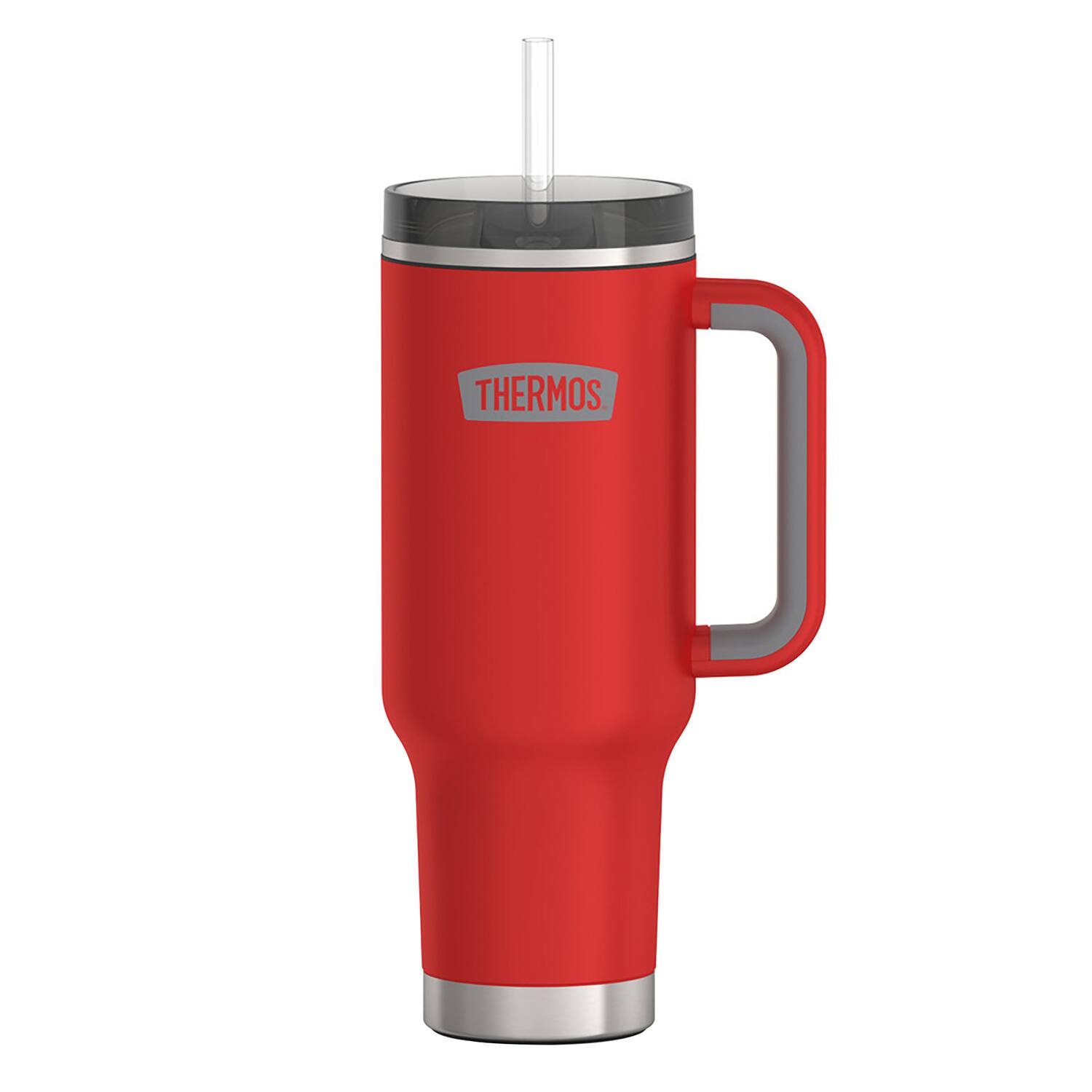 Angle. Thermos - Thermos 40 oz Stainless Steel Cup Holder Mug w/ Straw - Crimson - Crimson.