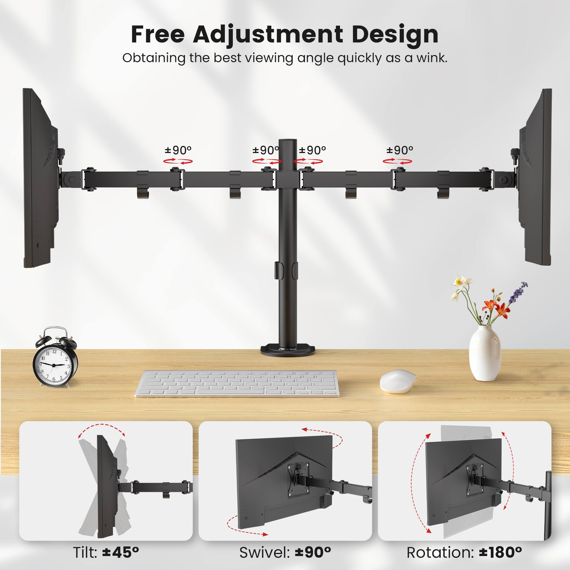 Free Adjustment Design: Obtaining the best viewing angle quickly as a wink. 90°, 90°, 90°, 90°. Tilt: 45°, Swivel: 90°, Rotation: 180°.