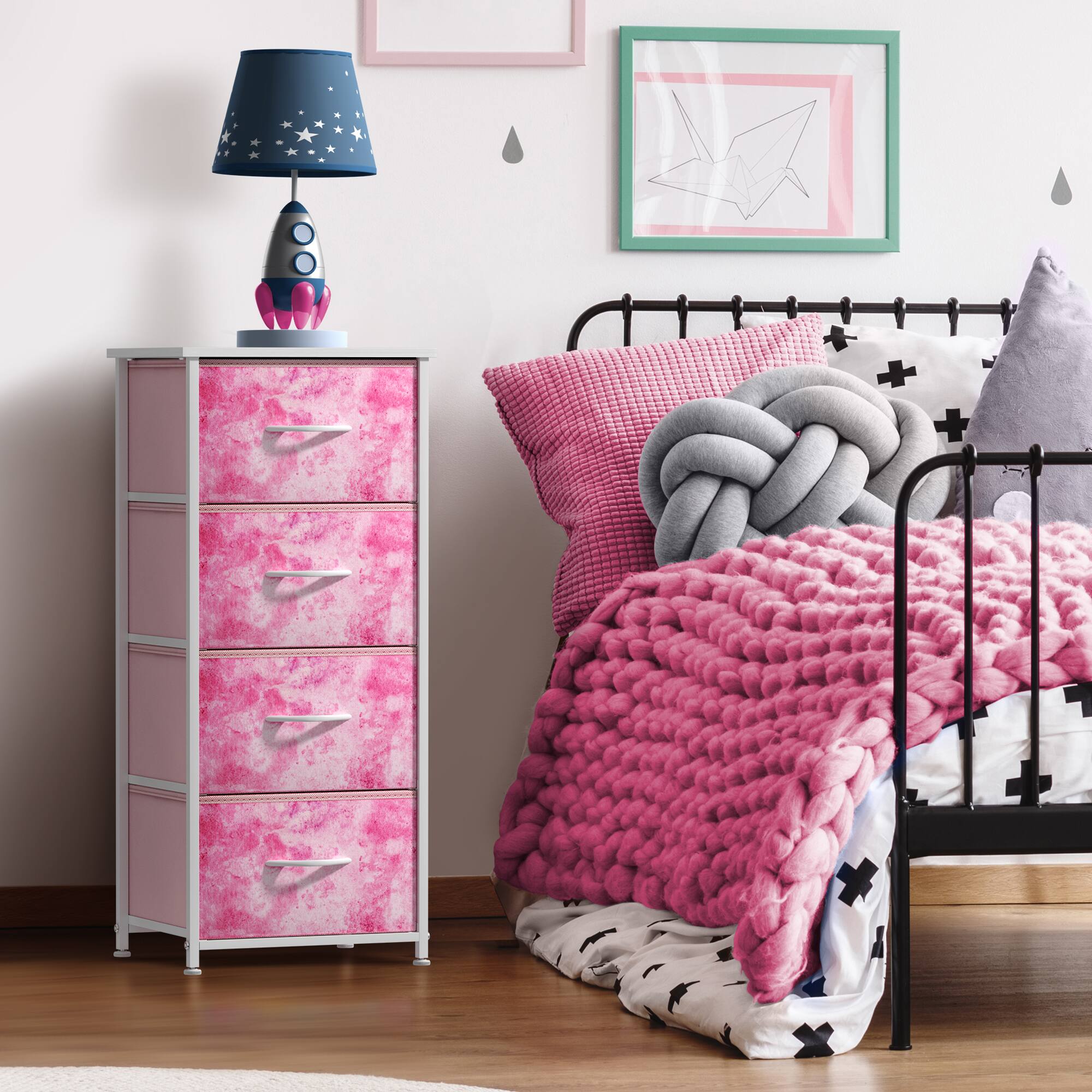 Alt View 1. Sorbus - Sorbus Nightstand with 4 Drawers, Bedside Furniture & Night Stand Dresser with Steel Frame, Wood Top, Fabric Bins - Pink Tie-Dye.