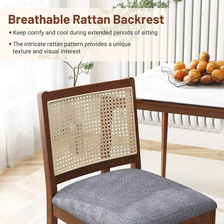 Gymax Rattan Dining Chair Set of 2 w/ Rubber Wood Frame Linen Fabric ...