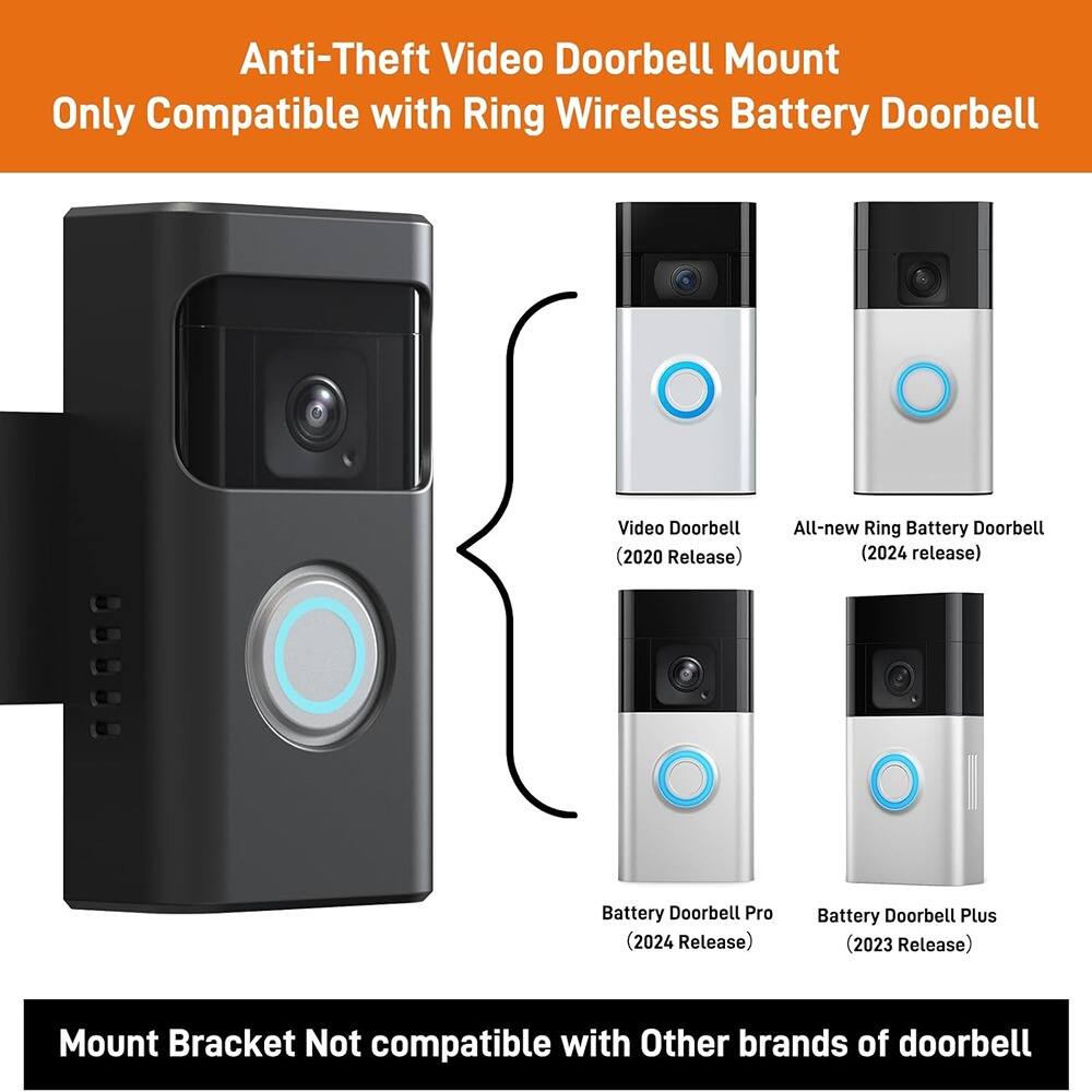 Anti-Theft Video Doorbell Mount  
Only Compatible with Ring Wireless Battery Doorbell  

- Video Doorbell (2020 Release)  
- All-new Ring Battery Doorbell (2024 Release)  
- Battery Doorbell Pro (2024 Release)  
- Battery Doorbell Plus (2023 Release)  

Mount Bracket Not compatible with Other brands of doorbell