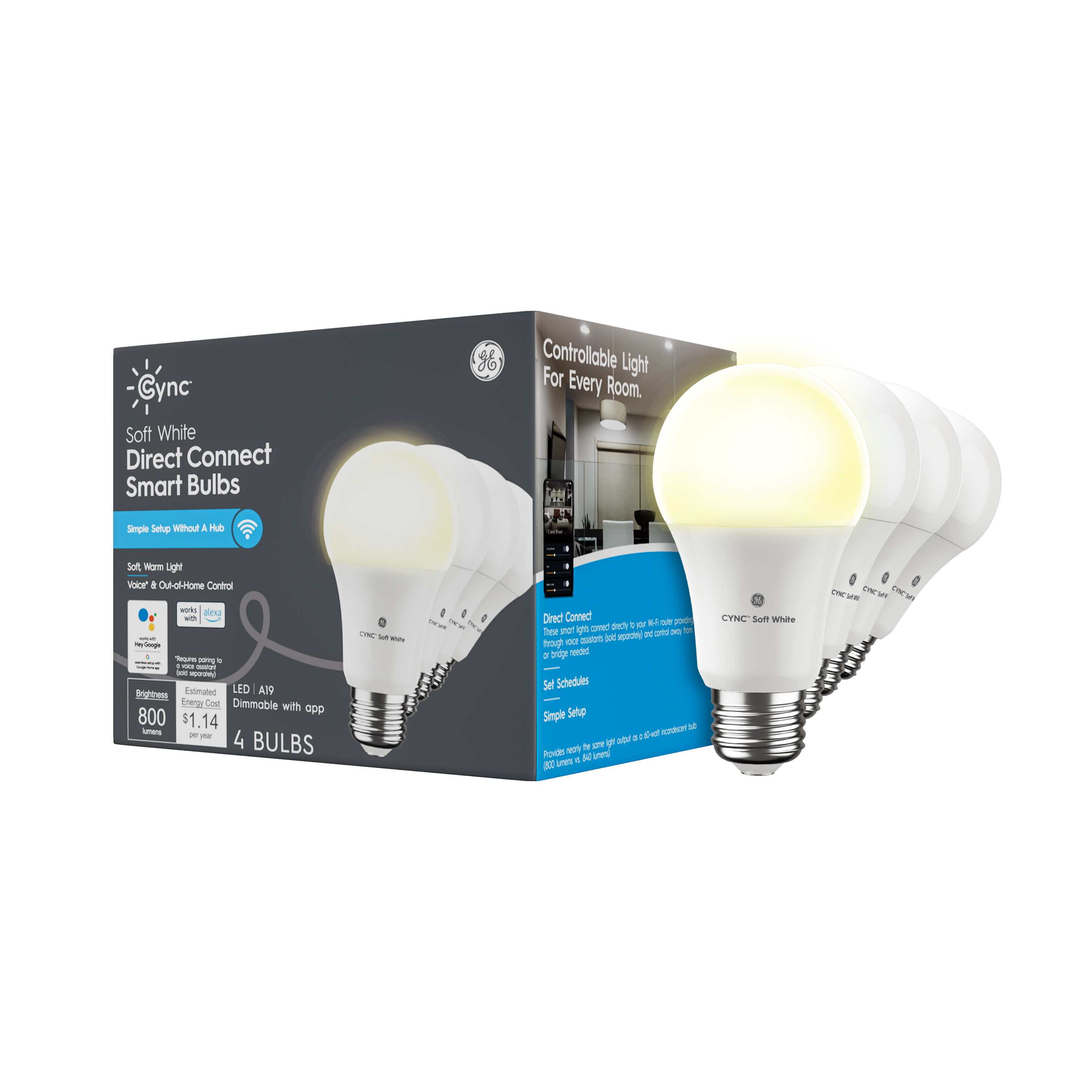 Cync - A19 Smart LED Light Bulbs (4 Pack) - Soft White