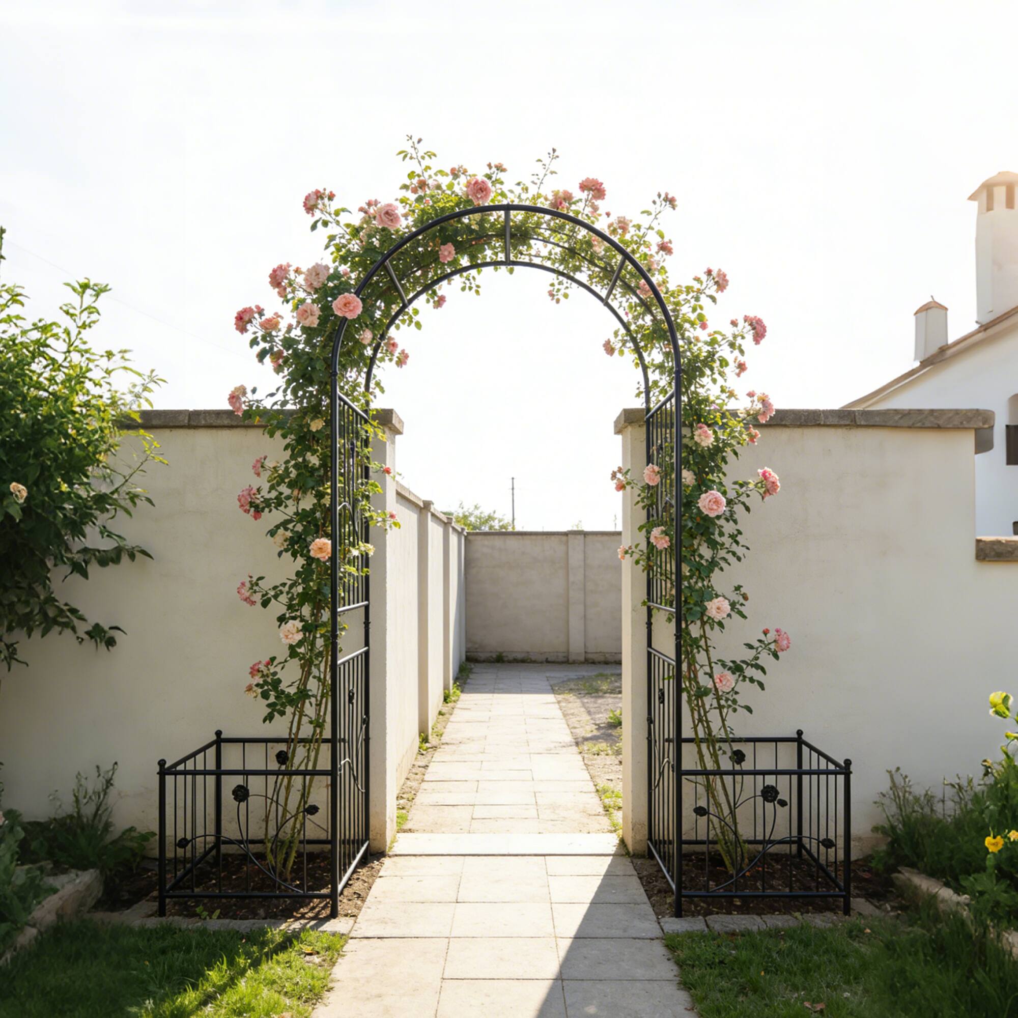 Alt View 1. Loheer - Metal Garden Arch with Built-In Plant Stands for Climbing Plants and Roses, Outdoor Trellis - Black.