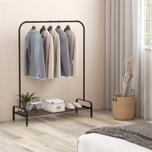 Back. SlickBlue - Heavy Duty Metal Garment Rack with Clothes Hanging Rod & Bottom Storage Shelf - Black.