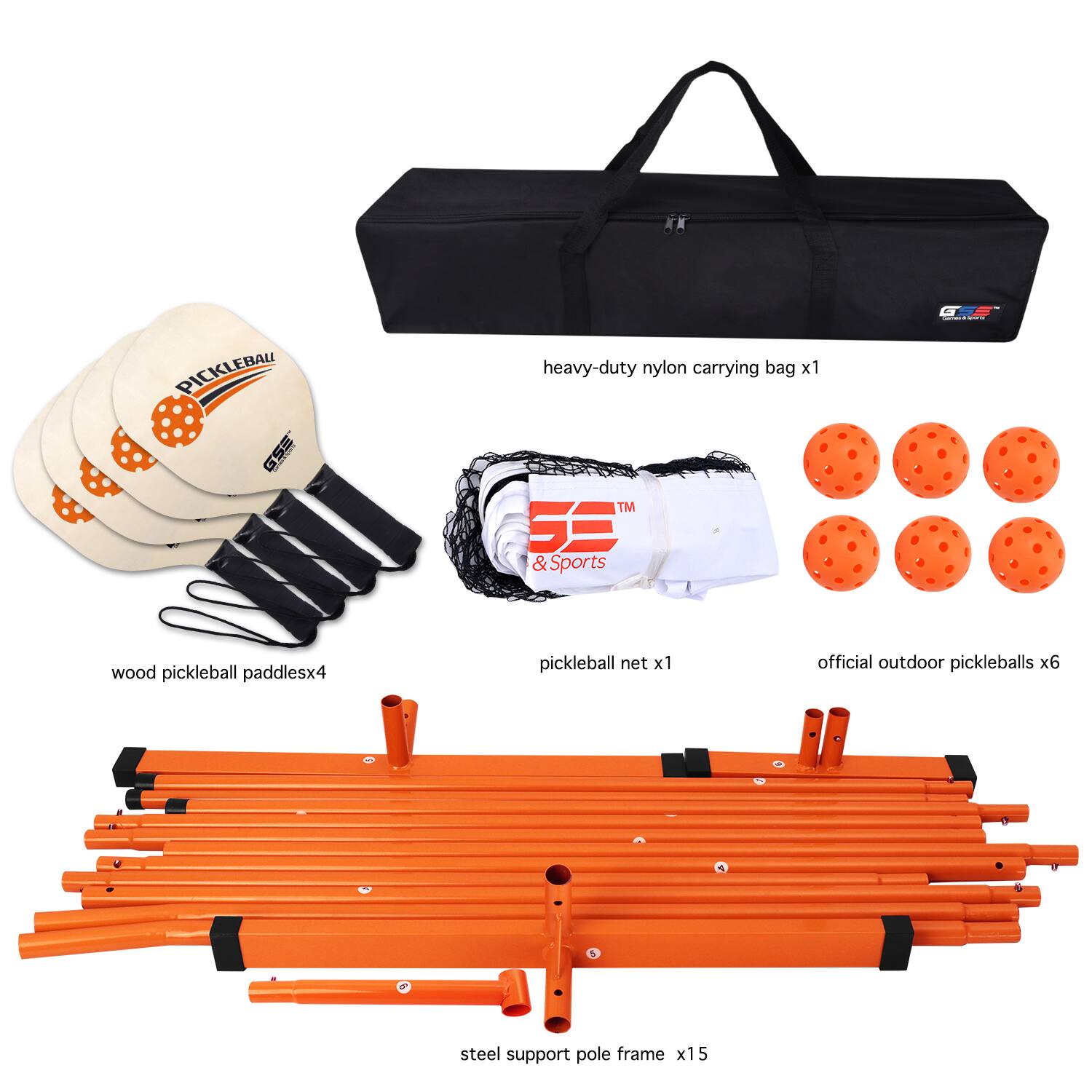 PICKLEBALL heavy-duty nylon carrying bag x1 TM S & Sports wood pickleball paddles x4 pickleball net x1 official outdoor pickleballs x6 steel support pole frame x15 5