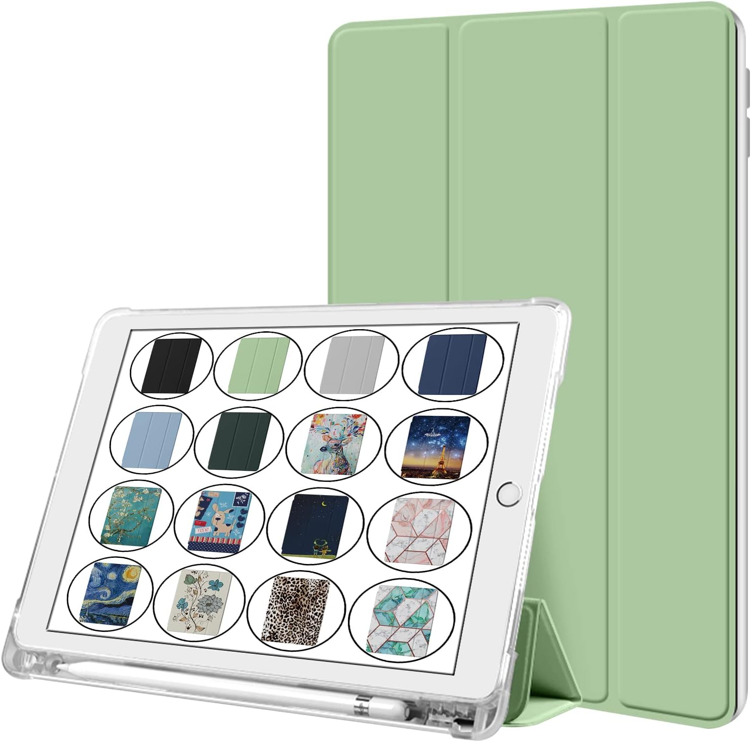 Front. DuraSafe Cases - iPad 10.2" 9th/8th/7th Gen 2021/2020/2019 Transparent Pencil-Holder Case with Viewing Stand A2197 A2200 A2198 A2199 - Green.