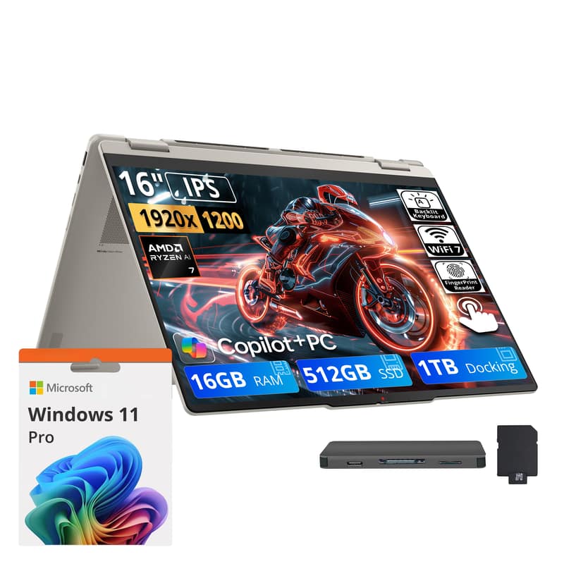 Lenovo - Upgraded - Yoga 7a 2-in-1 16" Touch Laptop,Ryzen AI 7 445,16GB RAM,512GB SSD+1TB Dock,Backlit,Fingerprint,Win11 Pro - Seashell