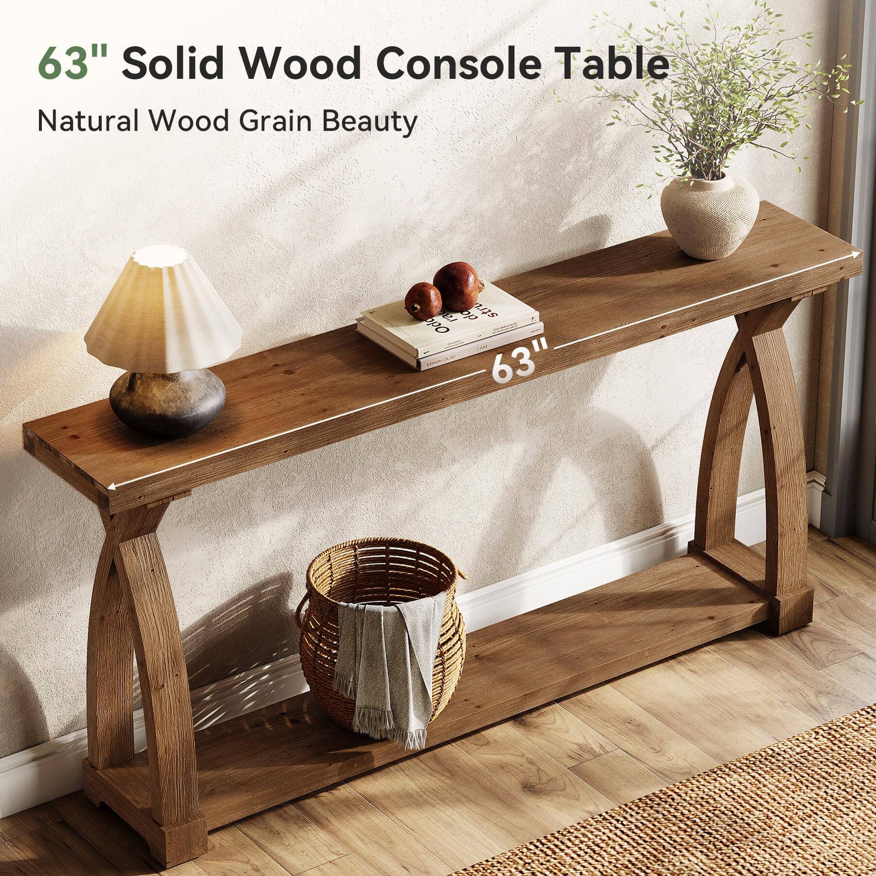 63" Solid Wood Console Table Natural Wood Grain Beauty
