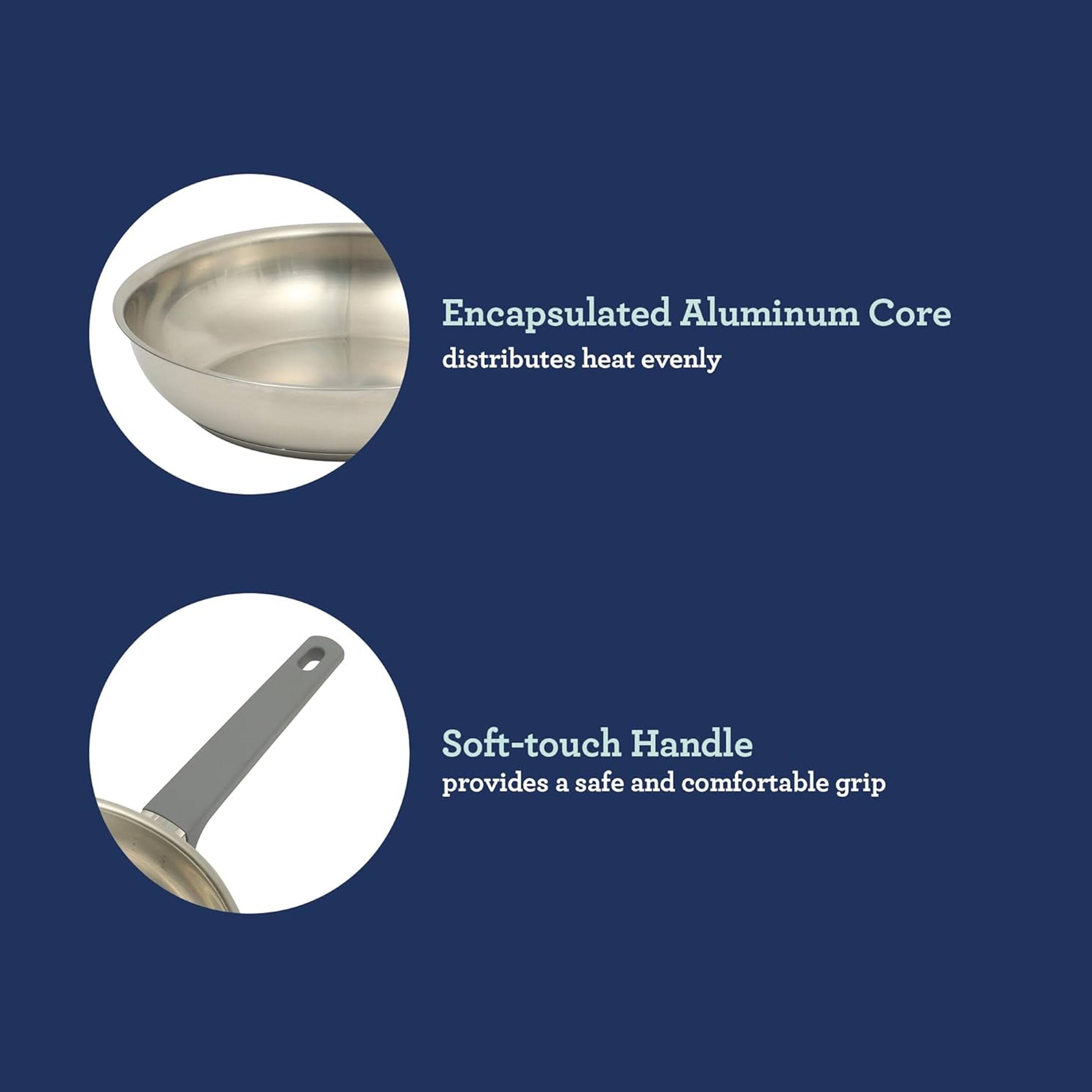 Encapsulated Aluminum Core distributes heat evenly  
Soft-touch Handle provides a safe and comfortable grip