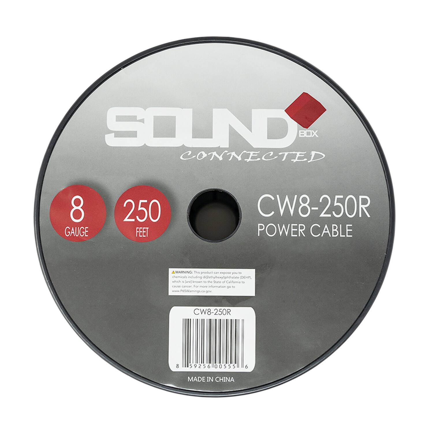 SOUND BOX CONNECTED  
8 GAUGE 250 FEET  
CW8-250R POWER CABLE  

WARNING: This product contains chemicals including di(2-ethylhexyl)phthalate (DEHP) which is known to the State of California to cause cancer. For more information go to www.P65Warnings.ca.gov  

CW8-250R  
8 59256 00555 6  

MADE IN CHINA