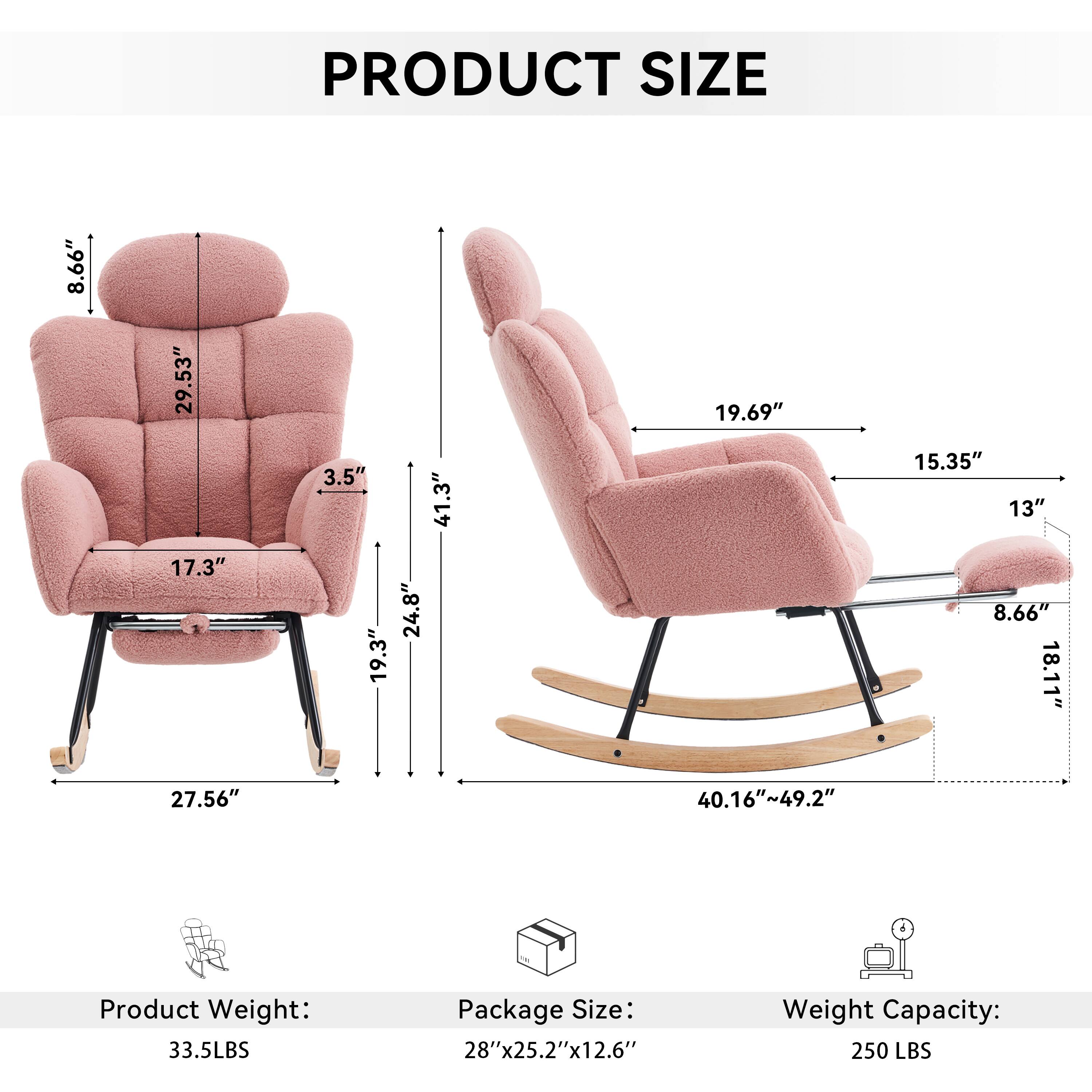 PRODUCT SIZE

- Height: 29.53"
- Width: 41.3"
- Depth: 27.56"
- Seat Height: 17.3"
- Armrest Height: 8.66"
- Back Height: 24.8"
- Seat Depth: 19.3"
- Armrest Width: 19.69"
- Seat Width: 15.35"
- Armrest to Floor: 13"
- Footrest Height: 18.11"
- Footrest Width: 40.16"~49.2"

Product Weight: 33.5 LBS

Package Size: 28" x 25.2" x 12.6"

Weight Capacity: 250 LBS
