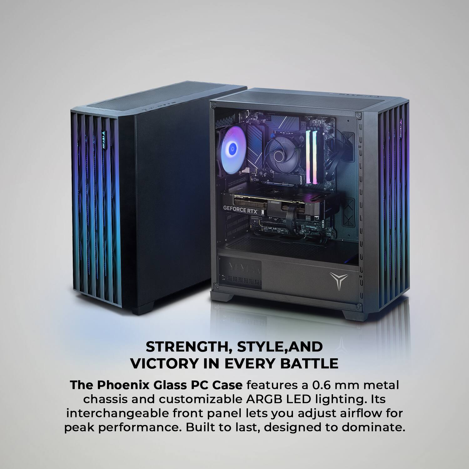 The Phoenix Glass PC Case is a powerful and stylish gaming computer case that offers strength, style, and victory in every battle. It features a 0.6 mm metal chassis and customizable ARGB LED lighting, providing a visually appealing and high-performance gaming experience. The interchangeable front panel allows for adjustable airflow, ensuring optimal performance and peak efficiency. Built to last and designed to dominate, the Phoenix Glass PC Case is the ultimate choice for any gaming enthusiast.