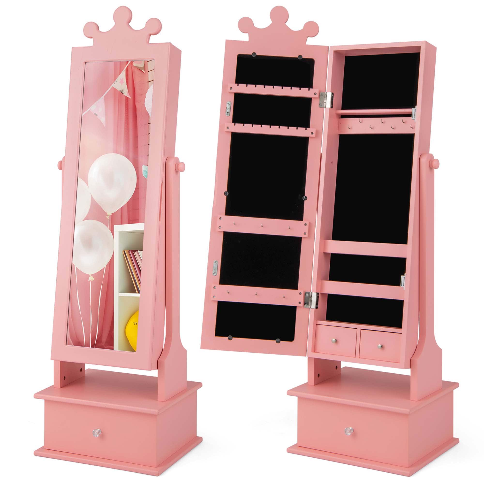 Costway - Kid Freestanding Jewelry Armoire 2-in-1 Full Length Mirror Storage Drawer - Pink
