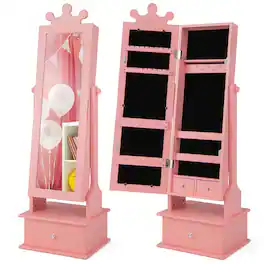 Costway - Kid Freestanding Jewelry Armoire 2-in-1 Full Length Mirror Storage Drawer - Pink